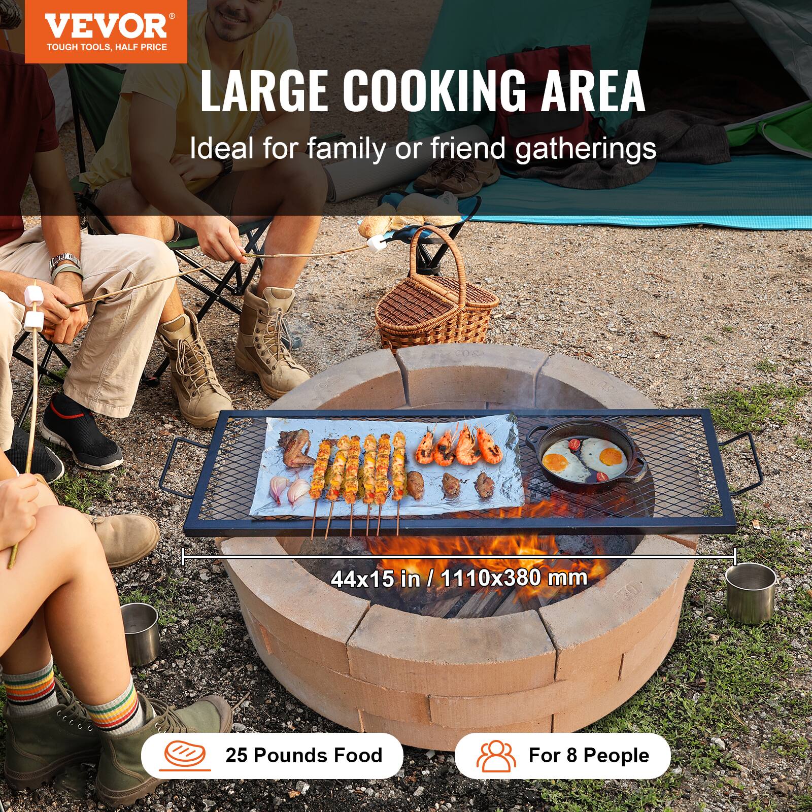 VEVOR TOUGH TOOLS. HALF PRICE LARGE COOKING AREA Ideal for family or friend gatherings 44x15 in / 1110x380 mm 25 Pounds Food For 8 People