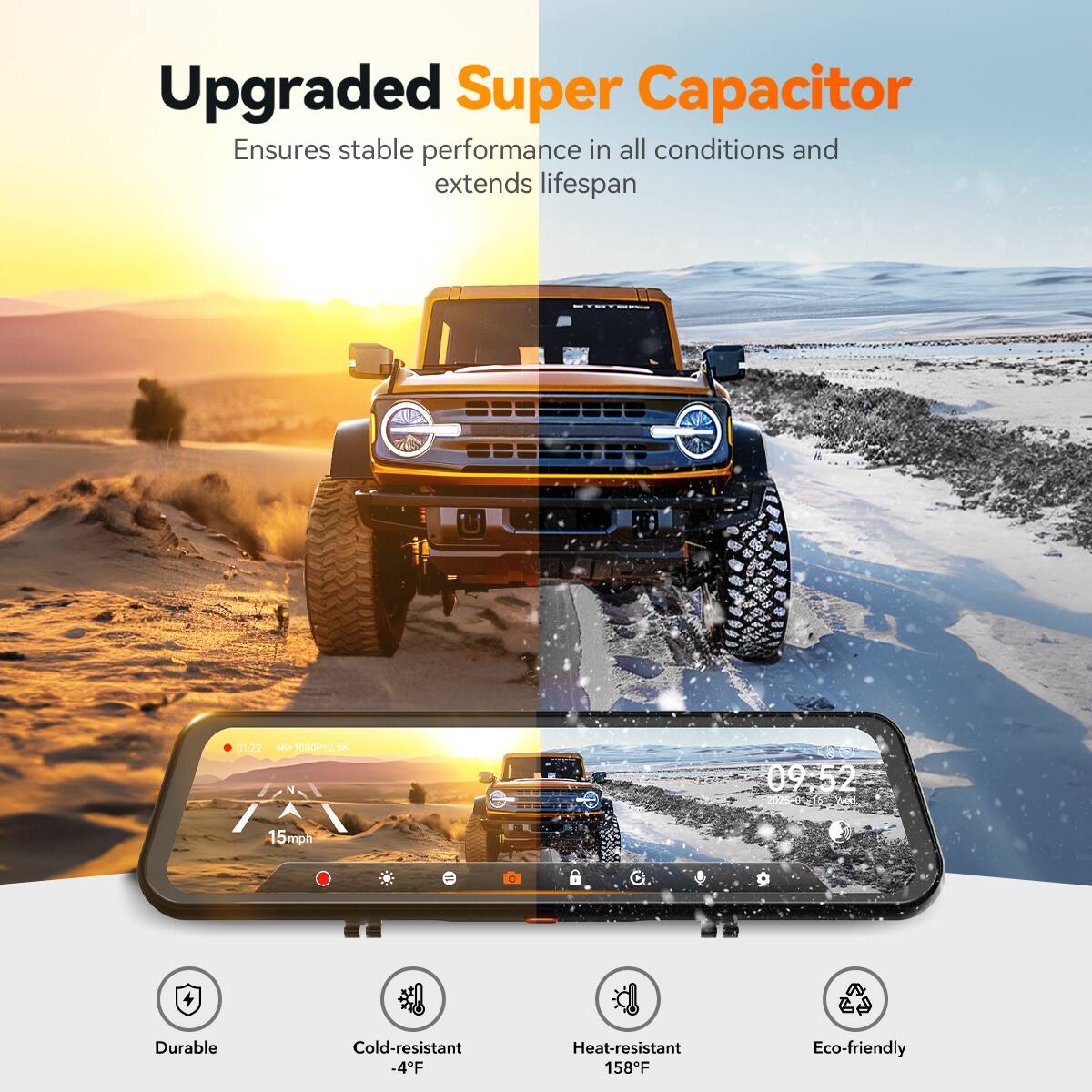 Upgraded Super Capacitor  
Ensures stable performance in all conditions and extends lifespan  

- Durable  
- Cold-resistant -4°F  
- Heat-resistant 158°F  
- Eco-friendly