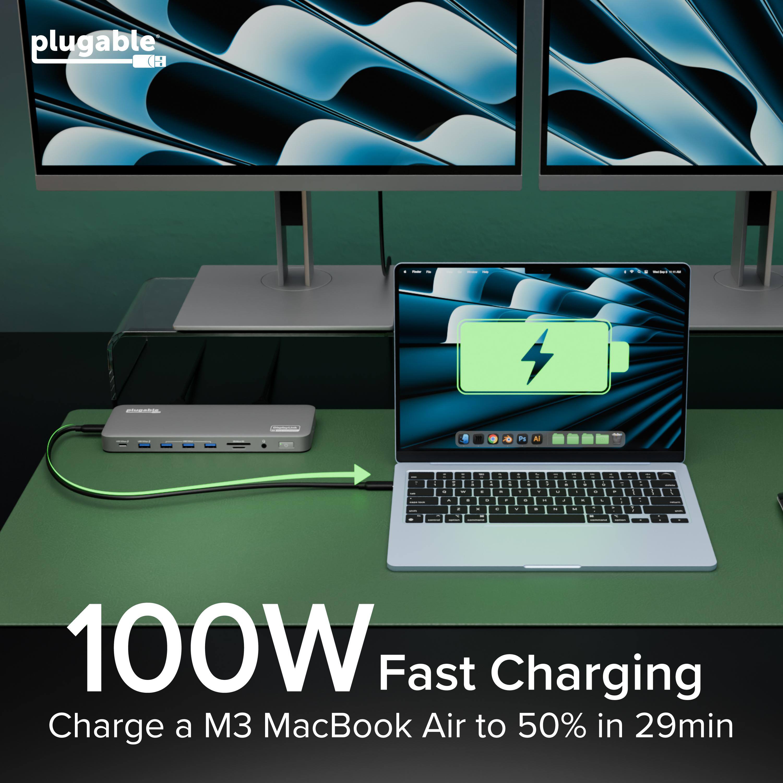 plugable (H) 4 A Al - . - - . - - . . - - . - - - - - - - - . - - - - - - d - . -  e . - - . - - d . . . I . - - - -  - - - - - . - . d 100W Fast Charging Charge a M3 MacBook Air to 50% in 29min