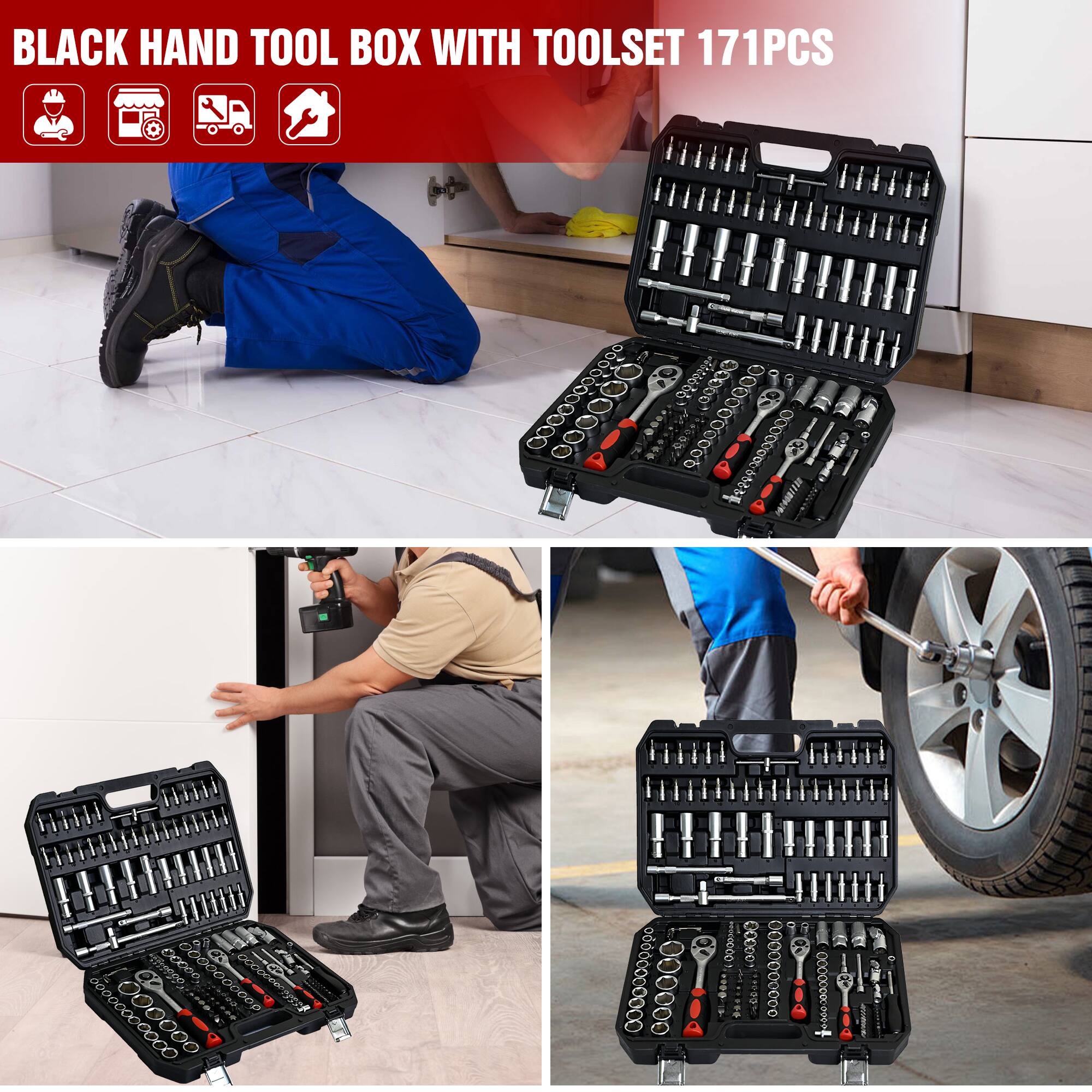 BLACK HAND TOOL BOX WITH TOOLSET 171PCS