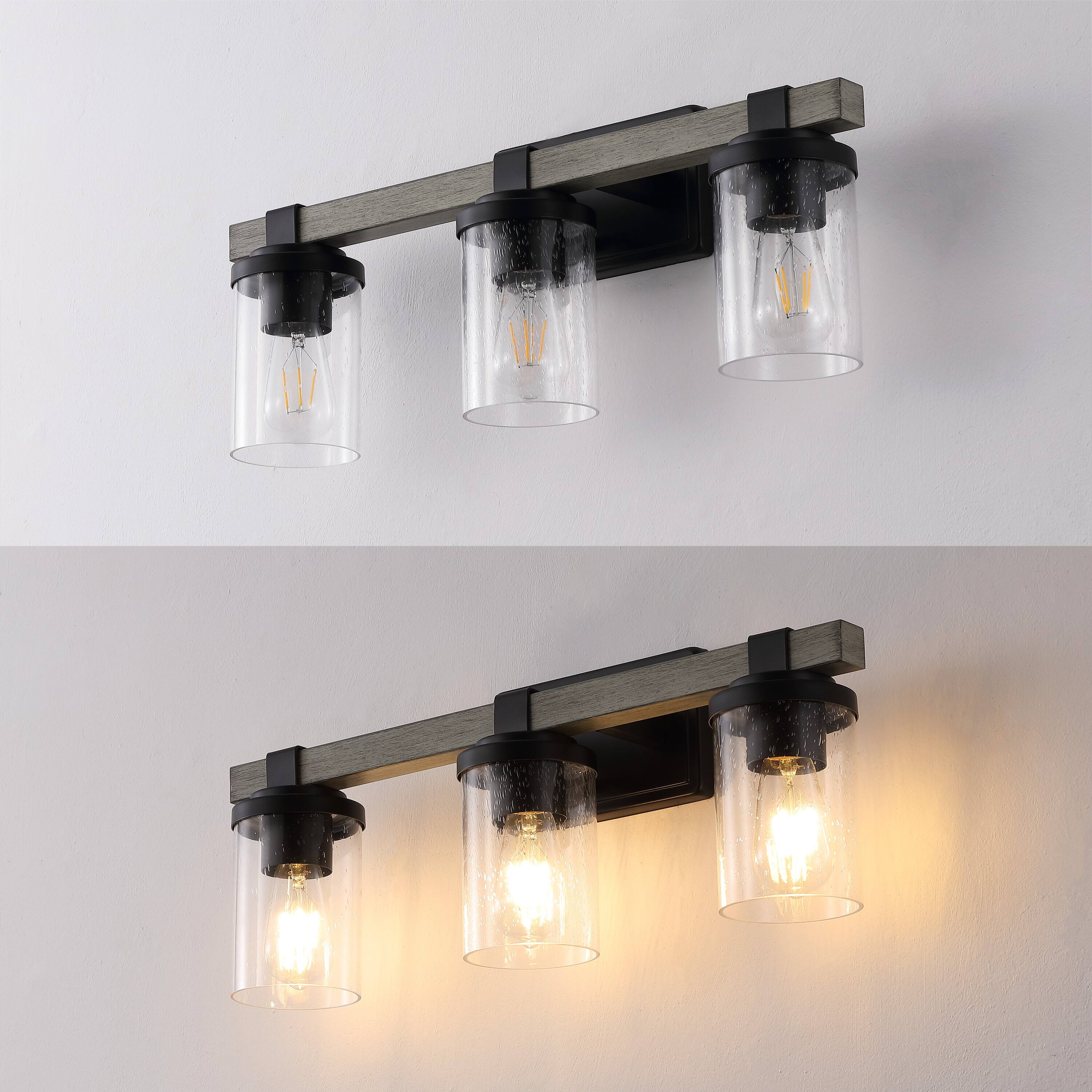 Alt View 4. Jonathan Y - Bungalow 22.75" 3-Light Iron/Seeded Glass Rustic Farmhouse LED Vanity Light, Black/Gray Oak Wood Finish - Black/Gray Oak Wood Finish.