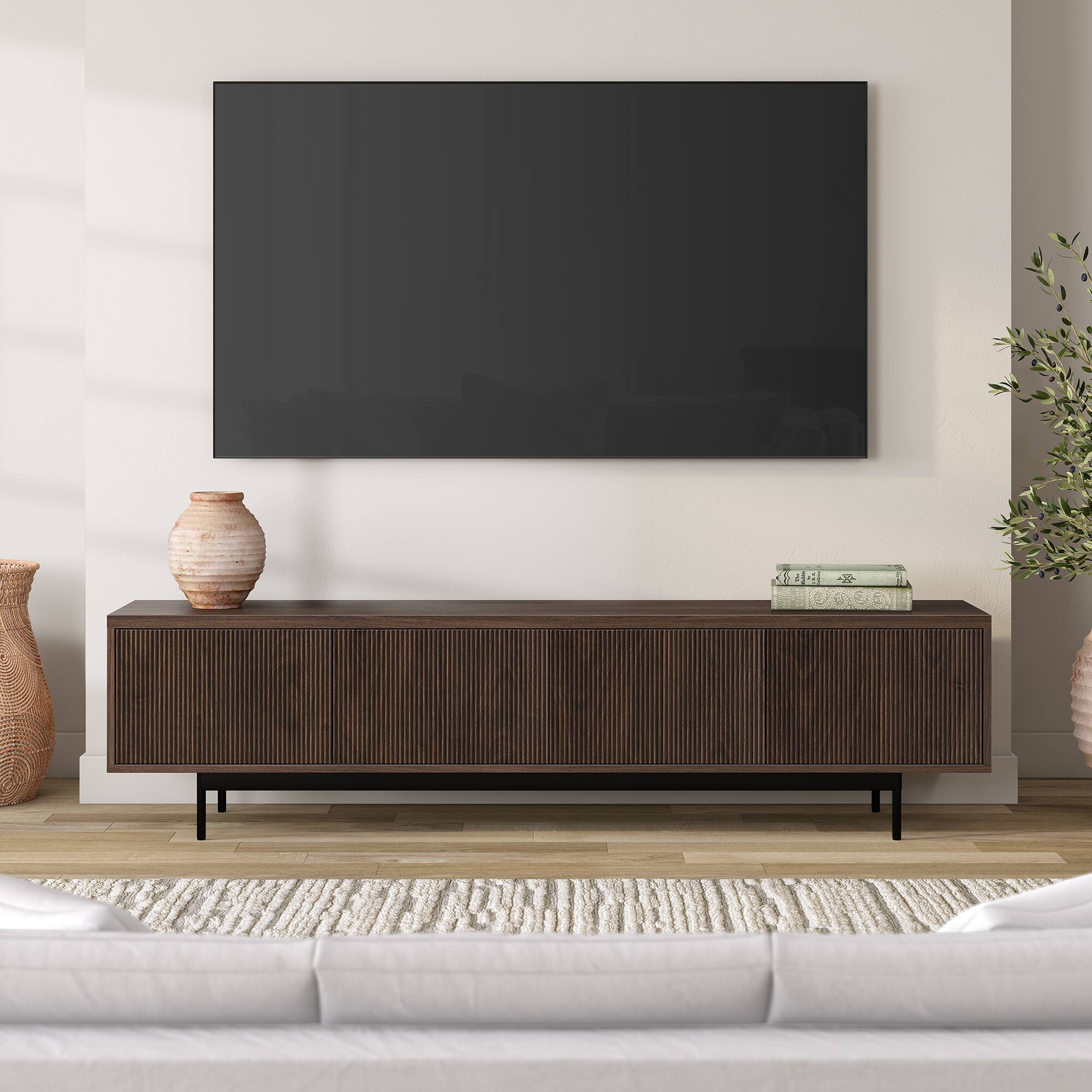 Alt View 2. Hudson&Canal - Whitman Rectangular Fluted TV Stand for TV's up to 85" in Alder Brown - Alder Brown.