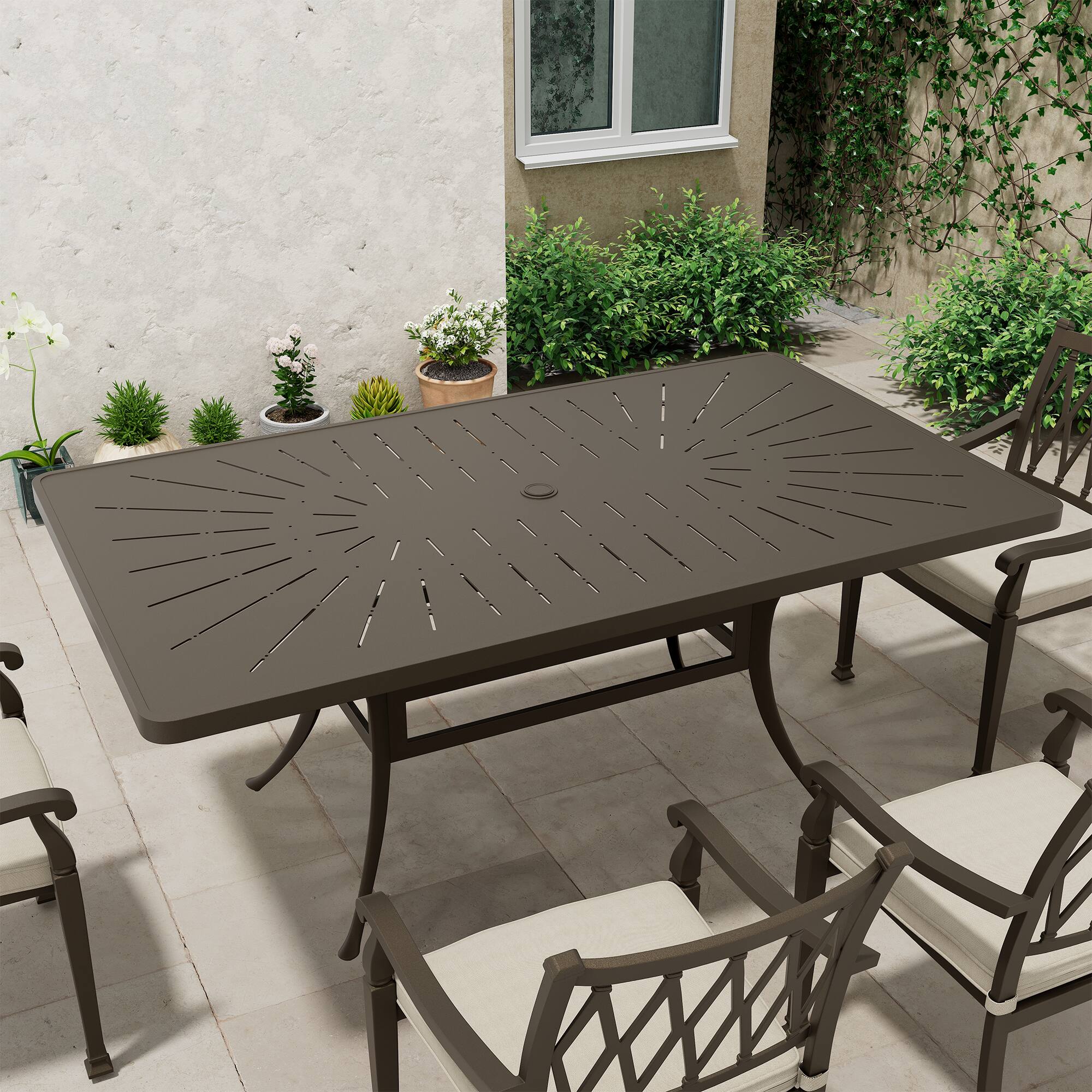 Angle. Mondawe - 72" Cast Aluminum Rectangular Dining Table - Bronze.