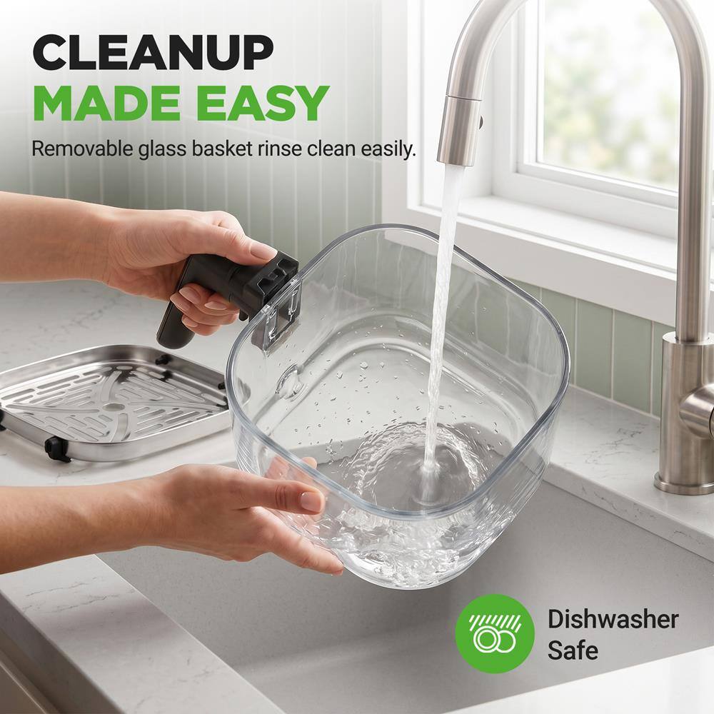 CLEANUP MADE EASY  
Removable glass basket rinse clean easily.  
Dishwasher Safe
