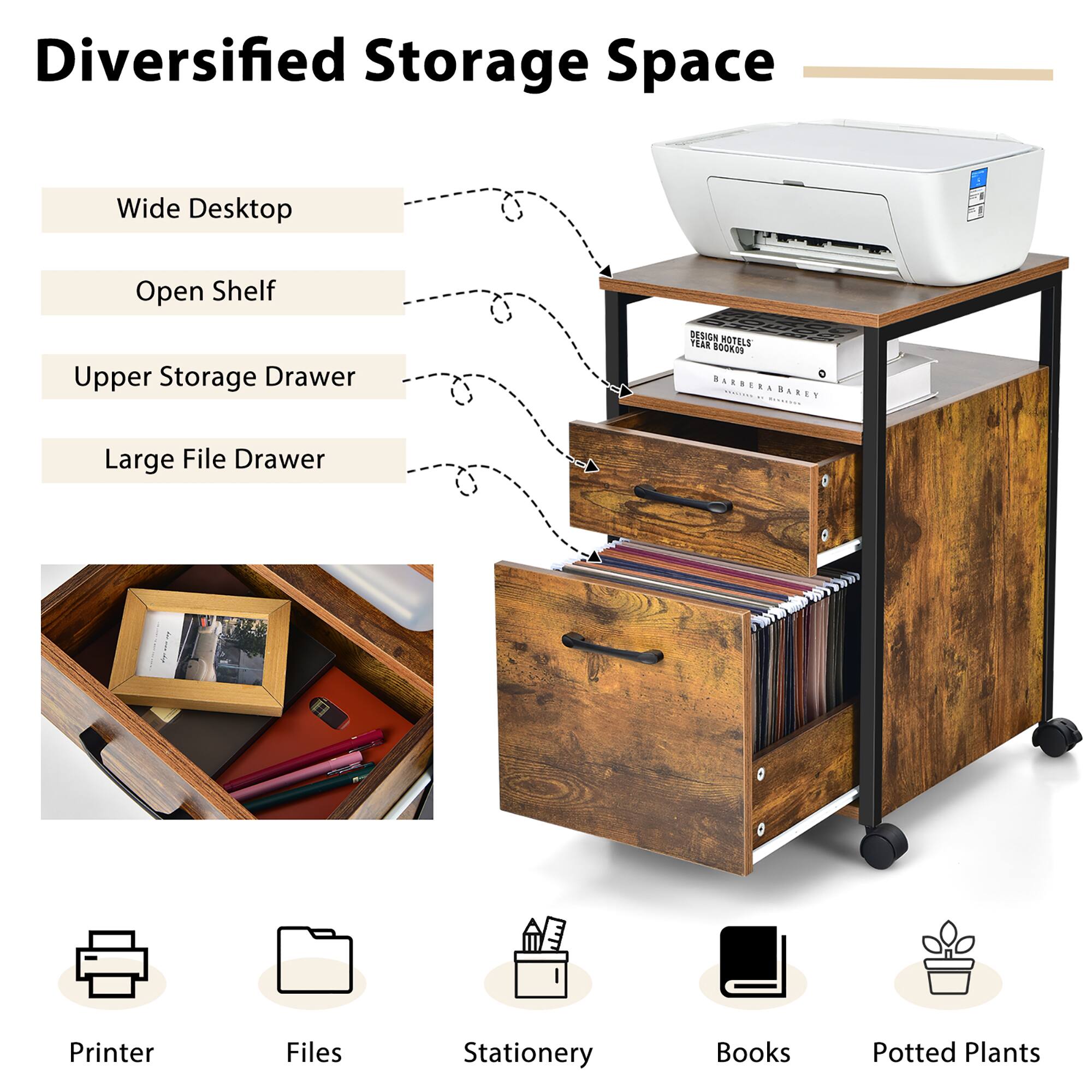 Diversified Storage Space

- Wide Desktop
- Open Shelf
- Upper Storage Drawer
- Large File Drawer

Printer Files Stationery Books Potted Plants