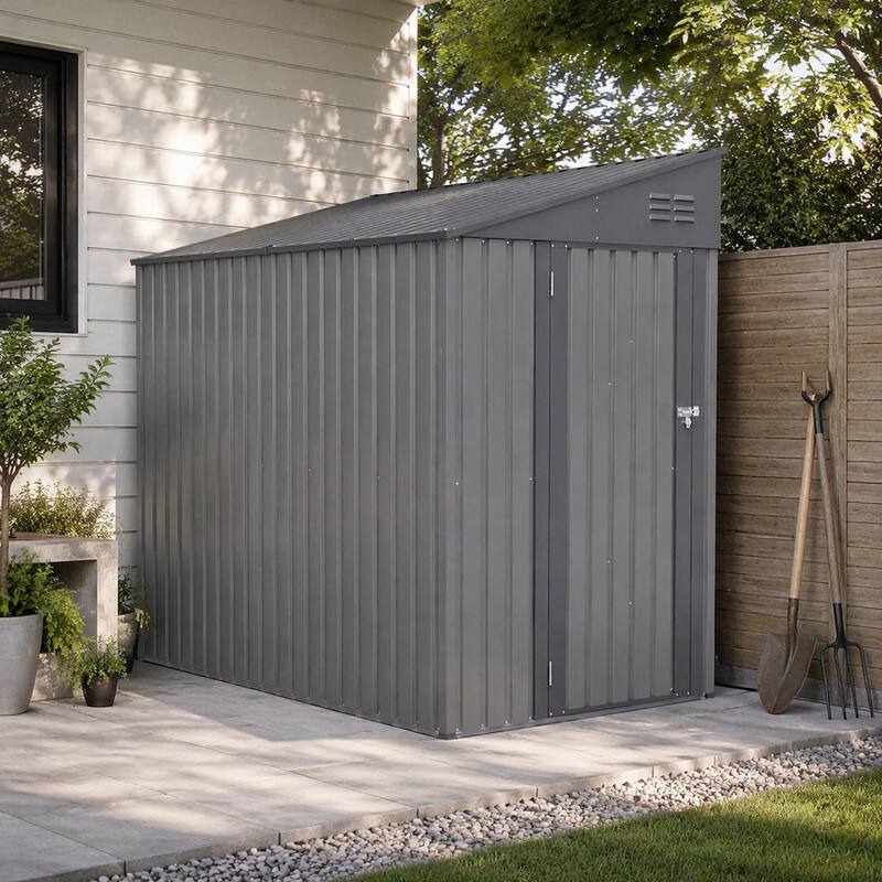 Angle. RYHNUYNE - Olive Grey 4x7 Ft Lean-To Steel Shed Vents Lockable Doors Garden Tools Bicycles - Gray,Olive.