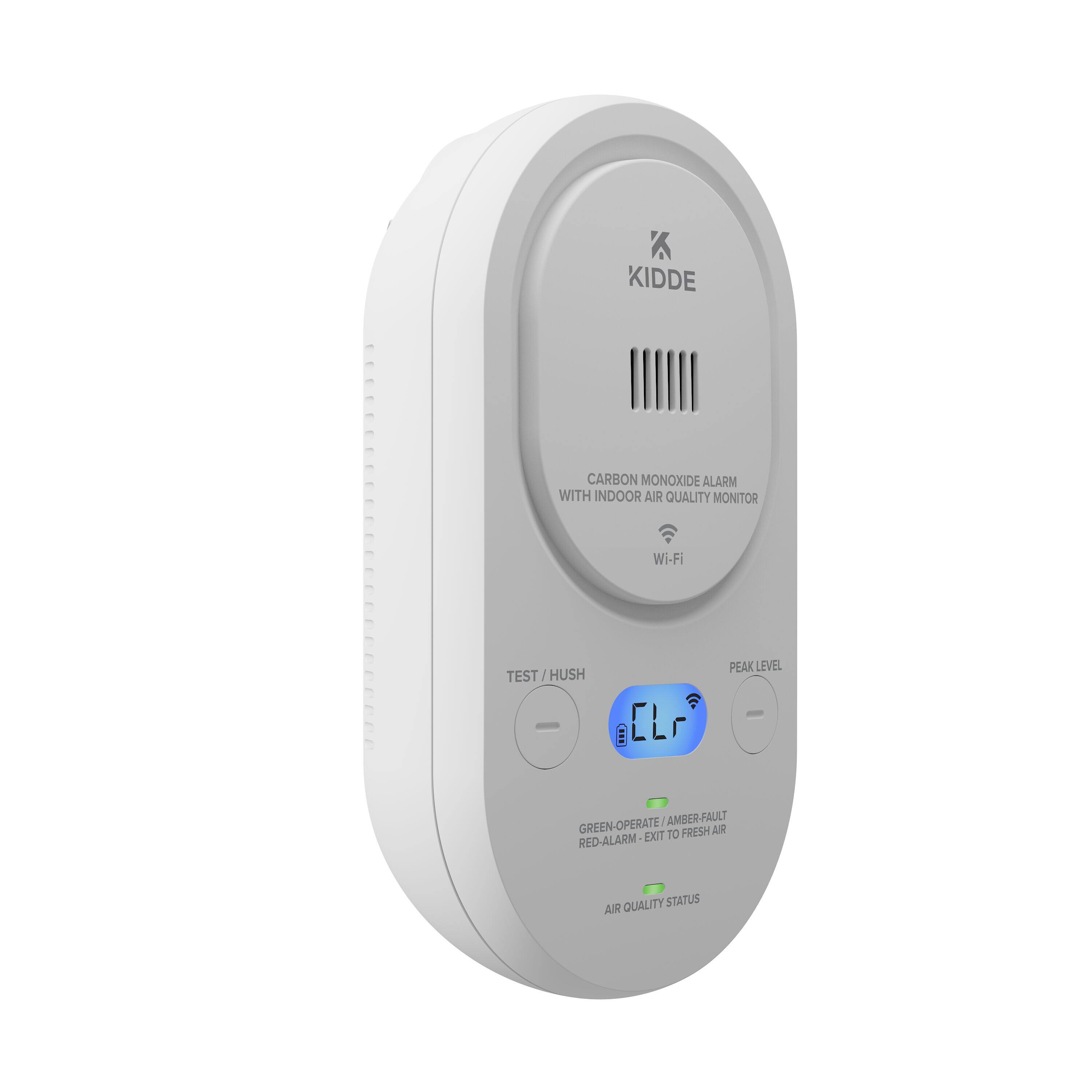 KIDDE CARBON MONOXIDE ALARM WITH INDOOR AIR QUALITY MONITOR  
Wi-Fi  

TEST / HUSH  
PEAK LEVEL  

GREEN - OPERATE / AMBER - FAULT  
RED - ALARM - EXIT TO FRESH AIR  

AIR QUALITY STATUS