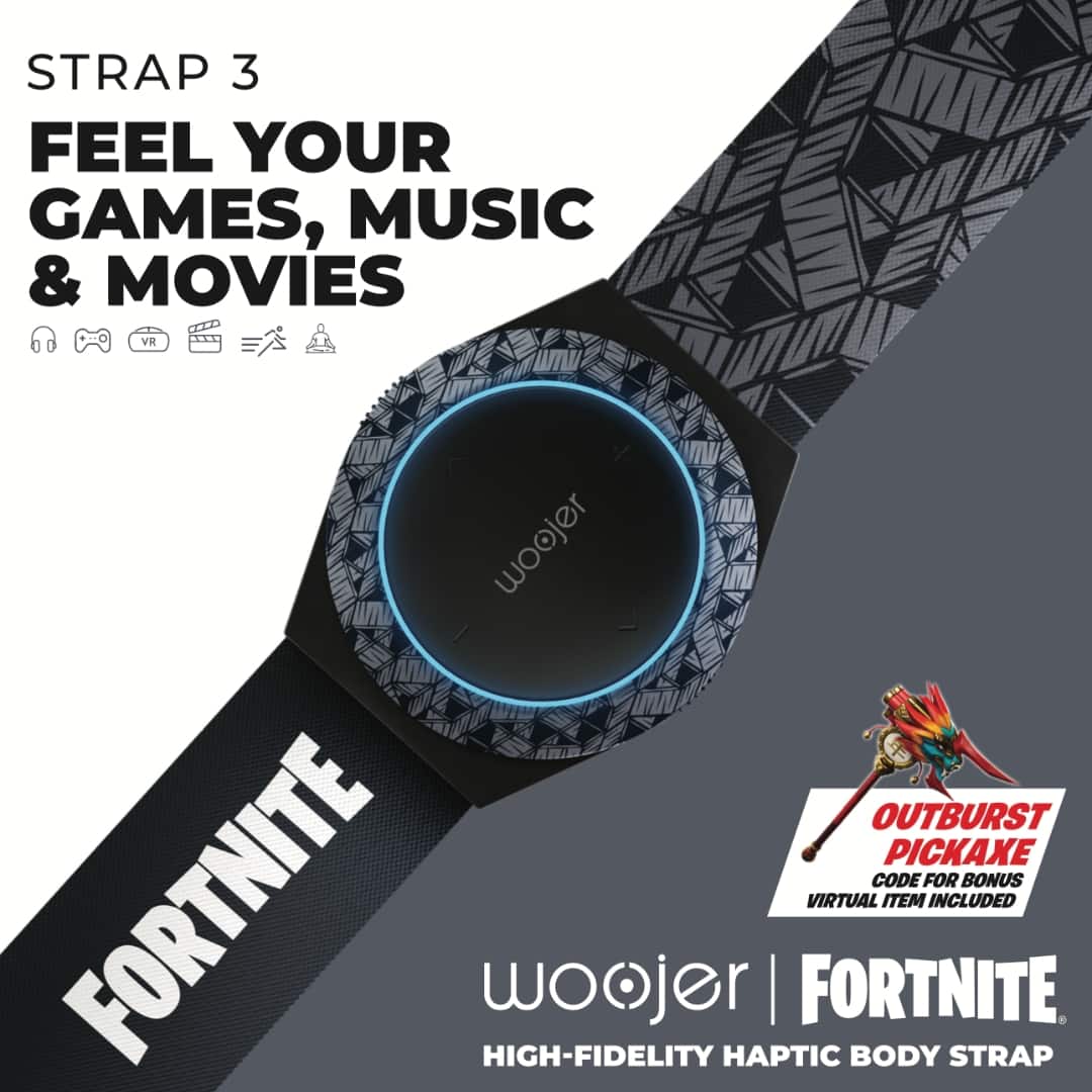 "Strap 3 Feel Your Games, Music & Movies VR woojer Outburst Pickaxe Code for Bonus Fortnite woojer High-Fidelity Haptic | Fortnite. Virtual Body Item Included Strap."