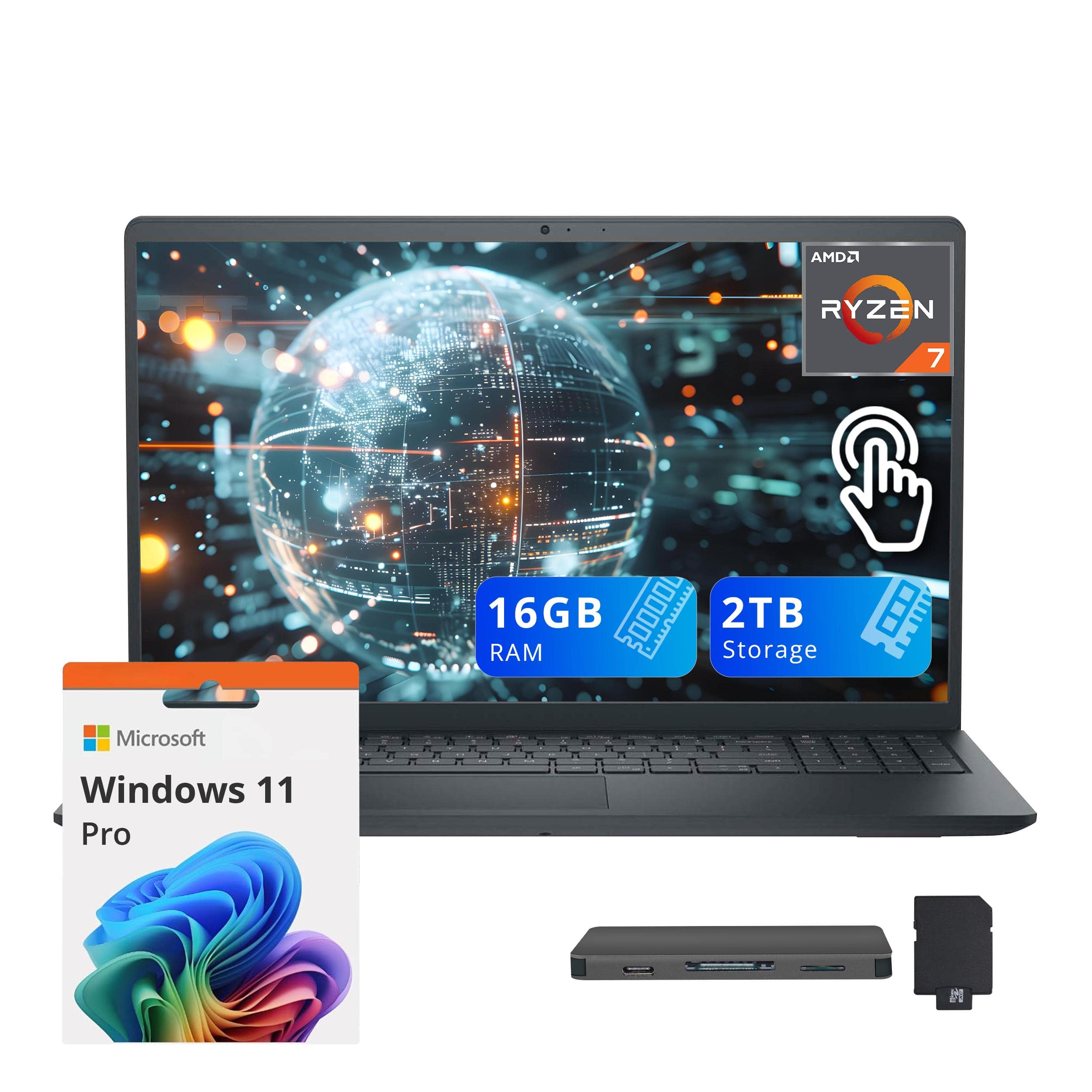 Dell - Inspiron 15.6" Anti-Glare Touchscreen Laptop,AMD Ryzen 7 7730U,16GB DDR4,1TB SSD,Win 11 Pro,1TB Dock Set - Black