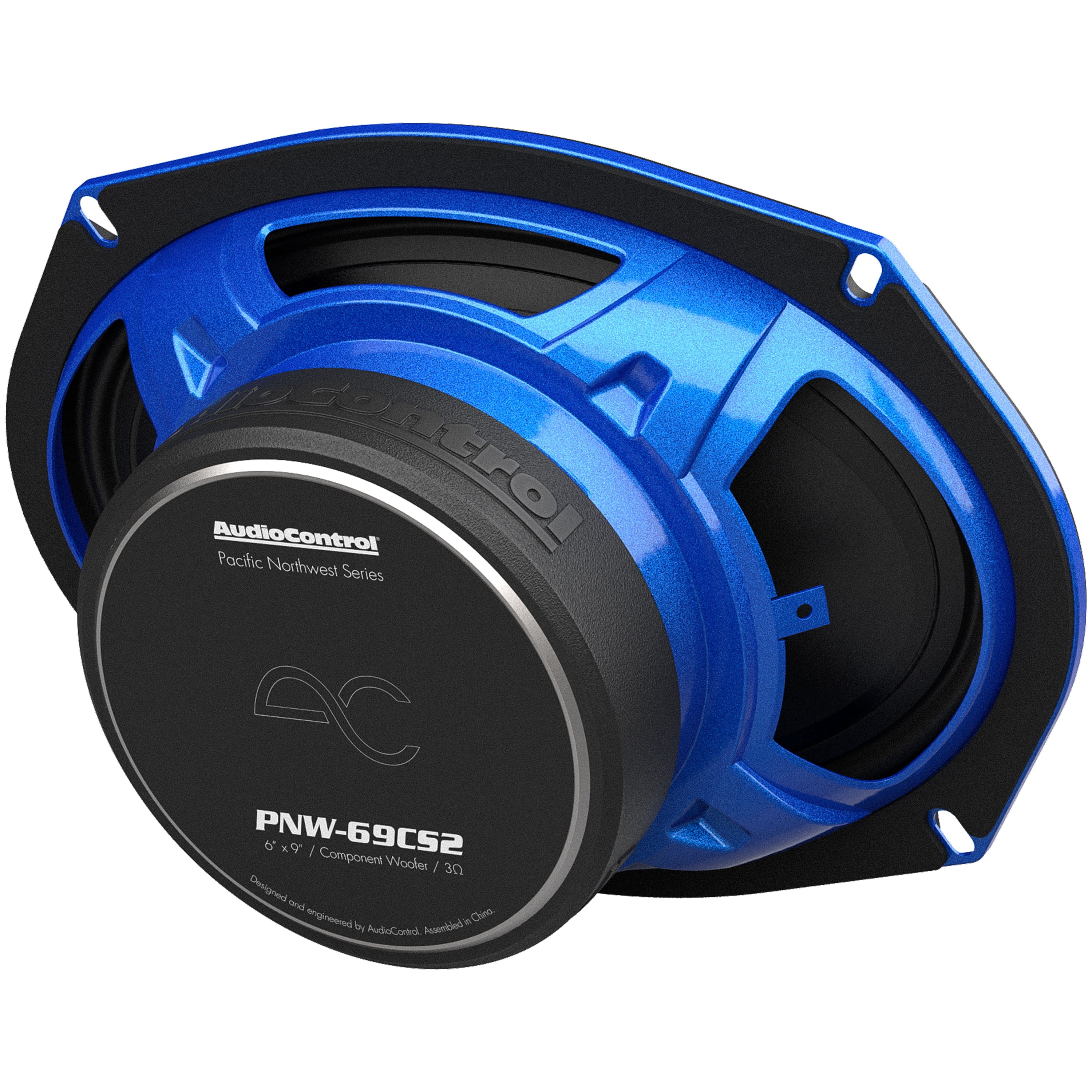 The text on the image reads: "Pacific Northwest Series AC PNW-69CS2 6 x 9 Component Woofer 300 Watts Designed by AudioControl Assembled in Chino by AudioControl."