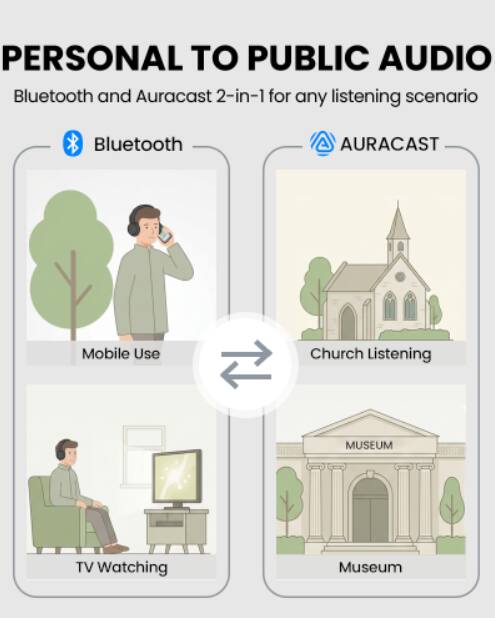 PERSONAL TO PUBLIC AUDIO  
Bluetooth and Auracast 2-in-1 for any listening scenario

Bluetooth  
AURACAST

Mobile Use  
Church Listening  
TV Watching  
Museum