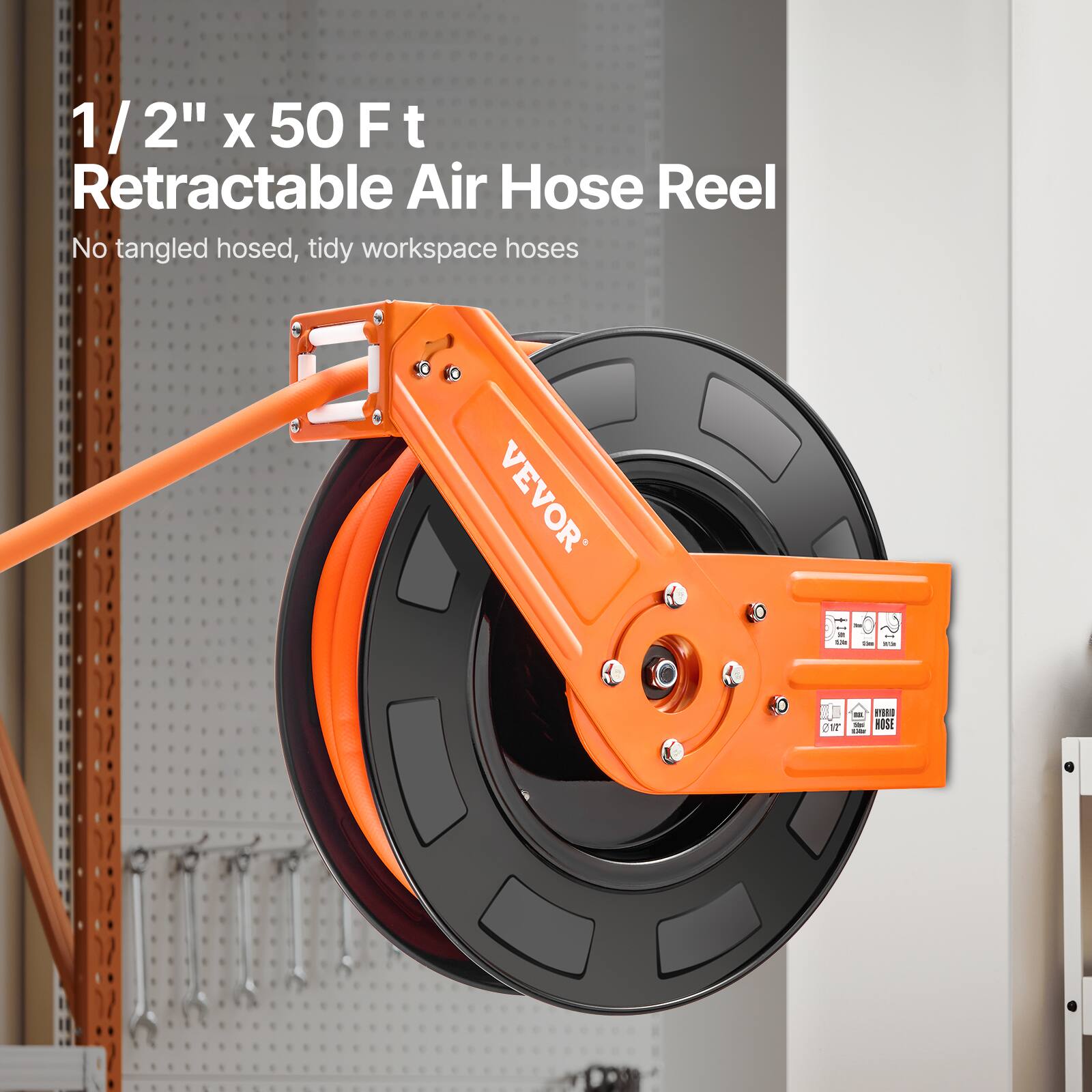 1/2" x 50 F t Retractable Air Hose Reel  
No tangled hoses, tidy workspace hoses  
VEVOR