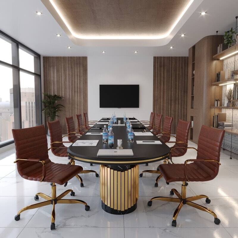 Left. LeisureMod - Harris Mid-Back Office Chair, Leather Upholstery with Gold Metal Frame Modern Armless Desk Chair for Conference Seating - Dark Brown.