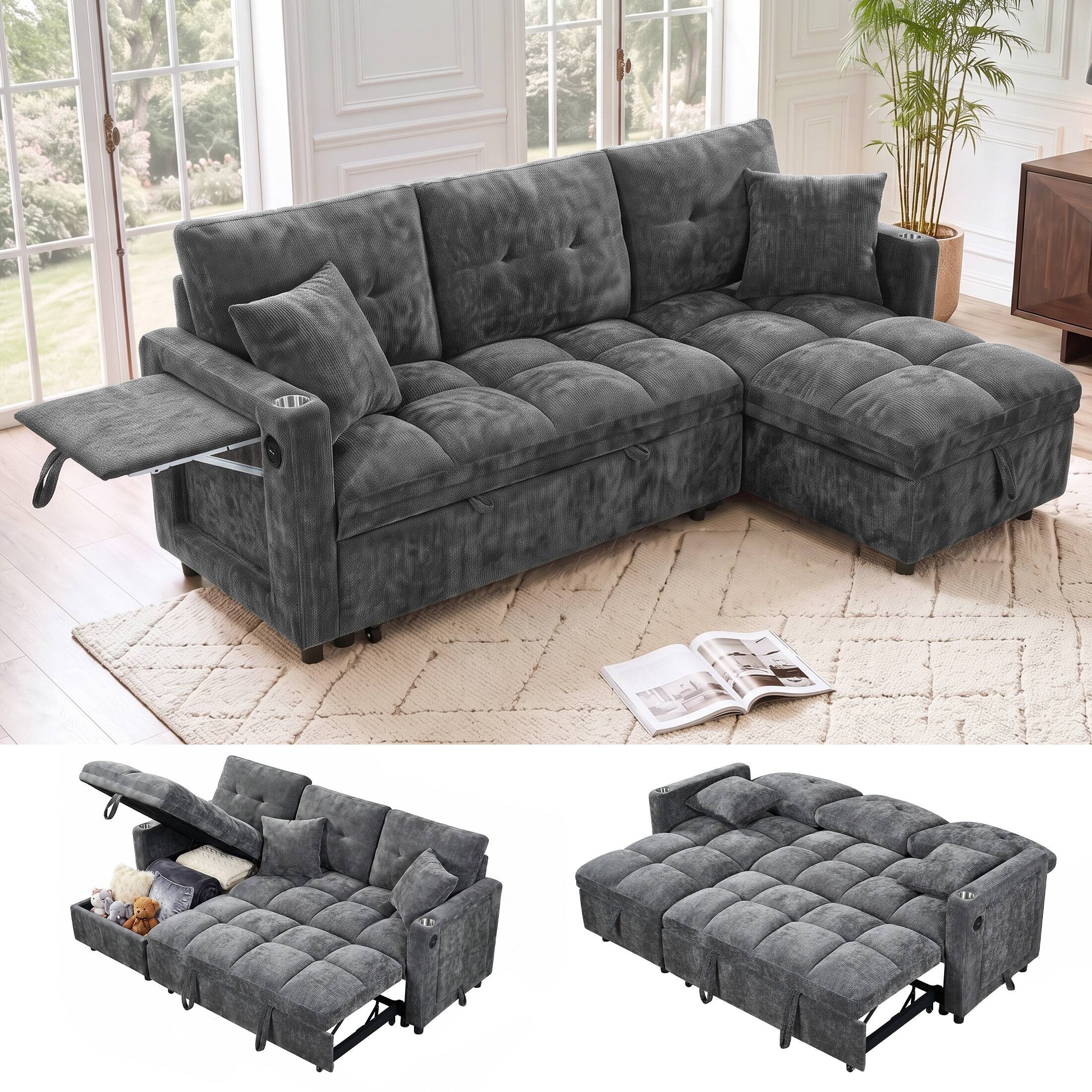 Angle. Anysun - Sectional Sleeper Sofa w/ Pull-Out Bed, Chenille Cloud Couch, Storage Chaise, USB, L-Shape Modular, Apartment - Grey.