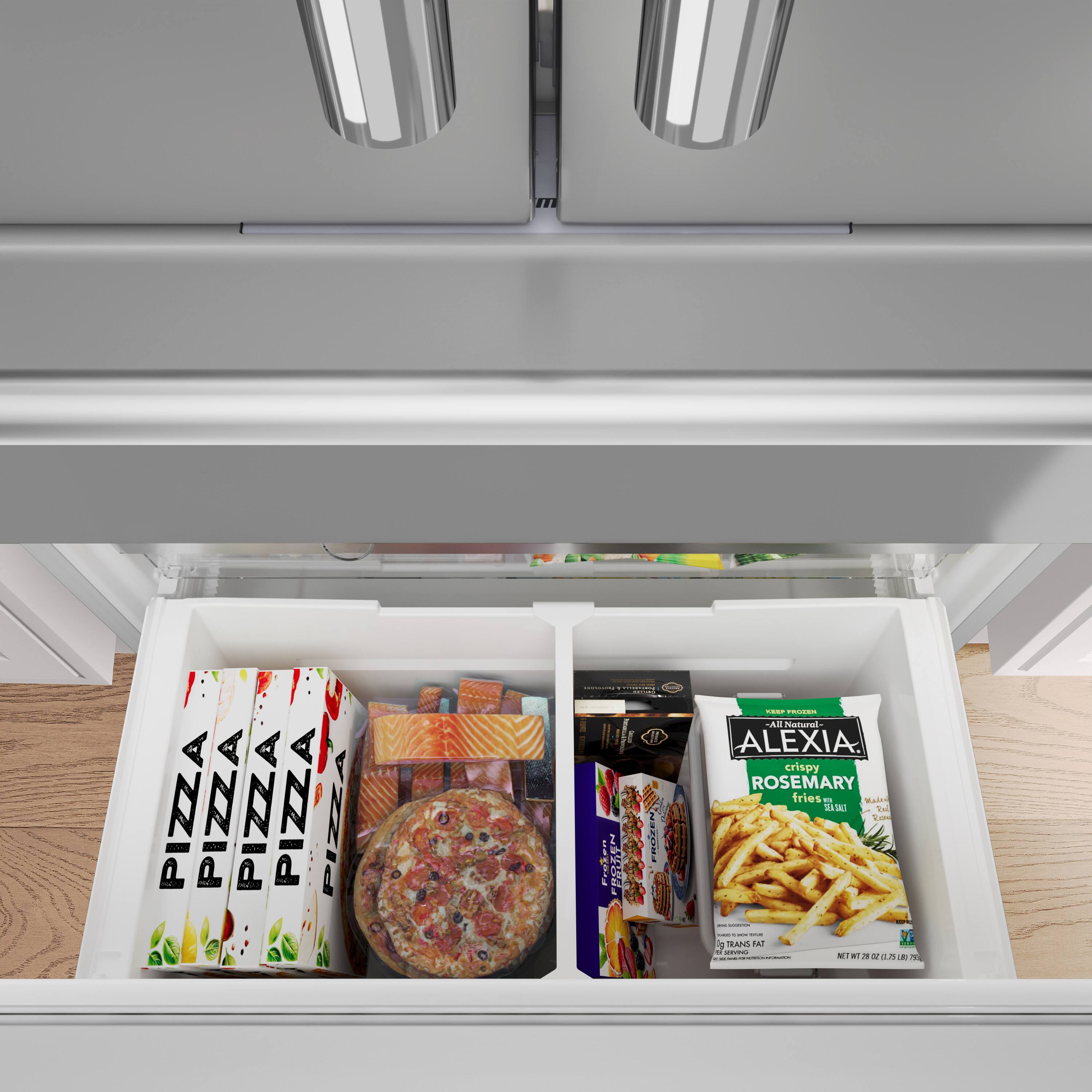 The text on the image reads: "Frozen Pizza, Alexia crispy rosemary fries, and frozen fries."