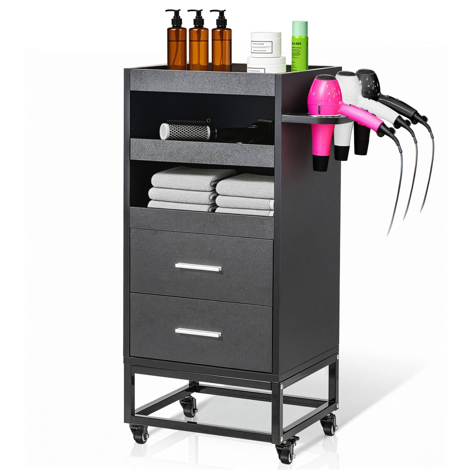 Alt View 5. Winado - Beauty Salon Trolley Cart, Rolling Hair Cart with Lockable Wheels, 2 Drawers, Ergonomic Handle - Black.