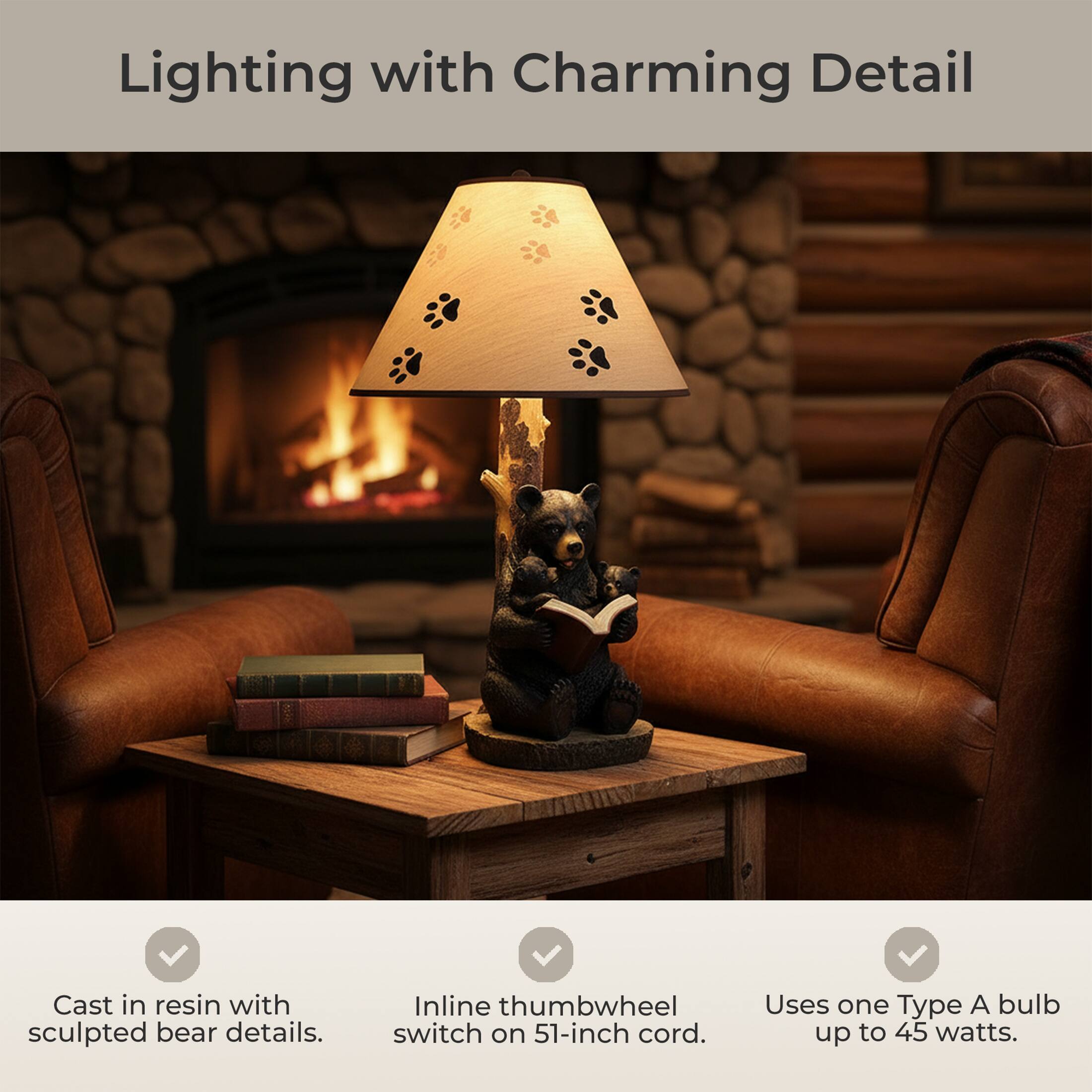Lighting with Charming Detail

Cast in resin with sculpted bear details. Inline thumbwheel switch on 51-inch cord. Uses one Type A bulb up to 45 watts.