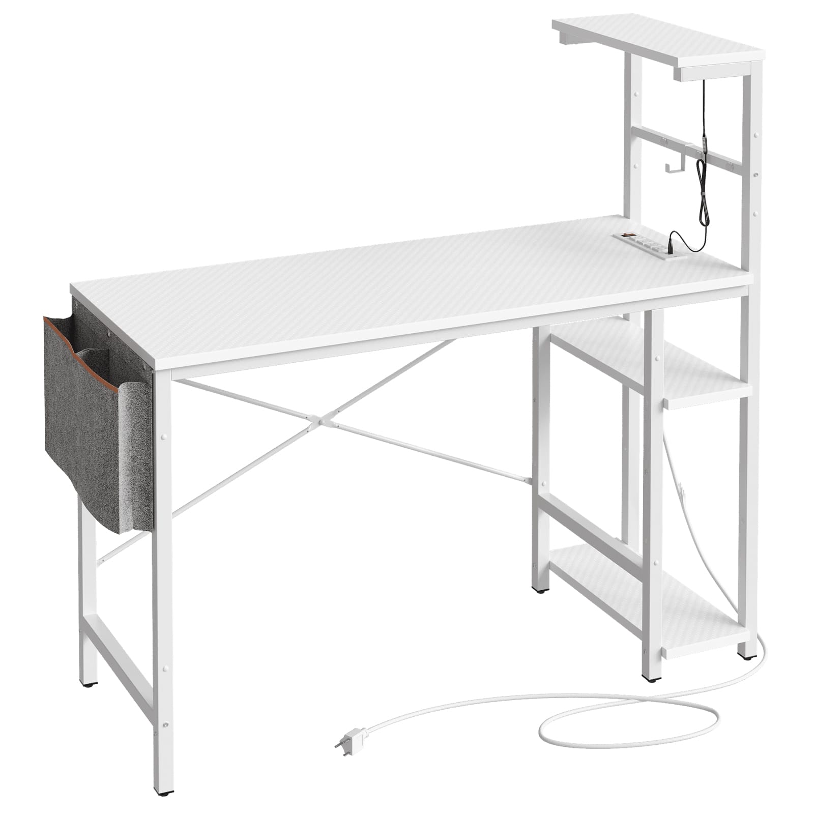 Angle. Bestier - 44-inch Gaming Desk with 4-Tier Storage Shelves, RGB Lights & USB Charging - White Carbon Fiber.