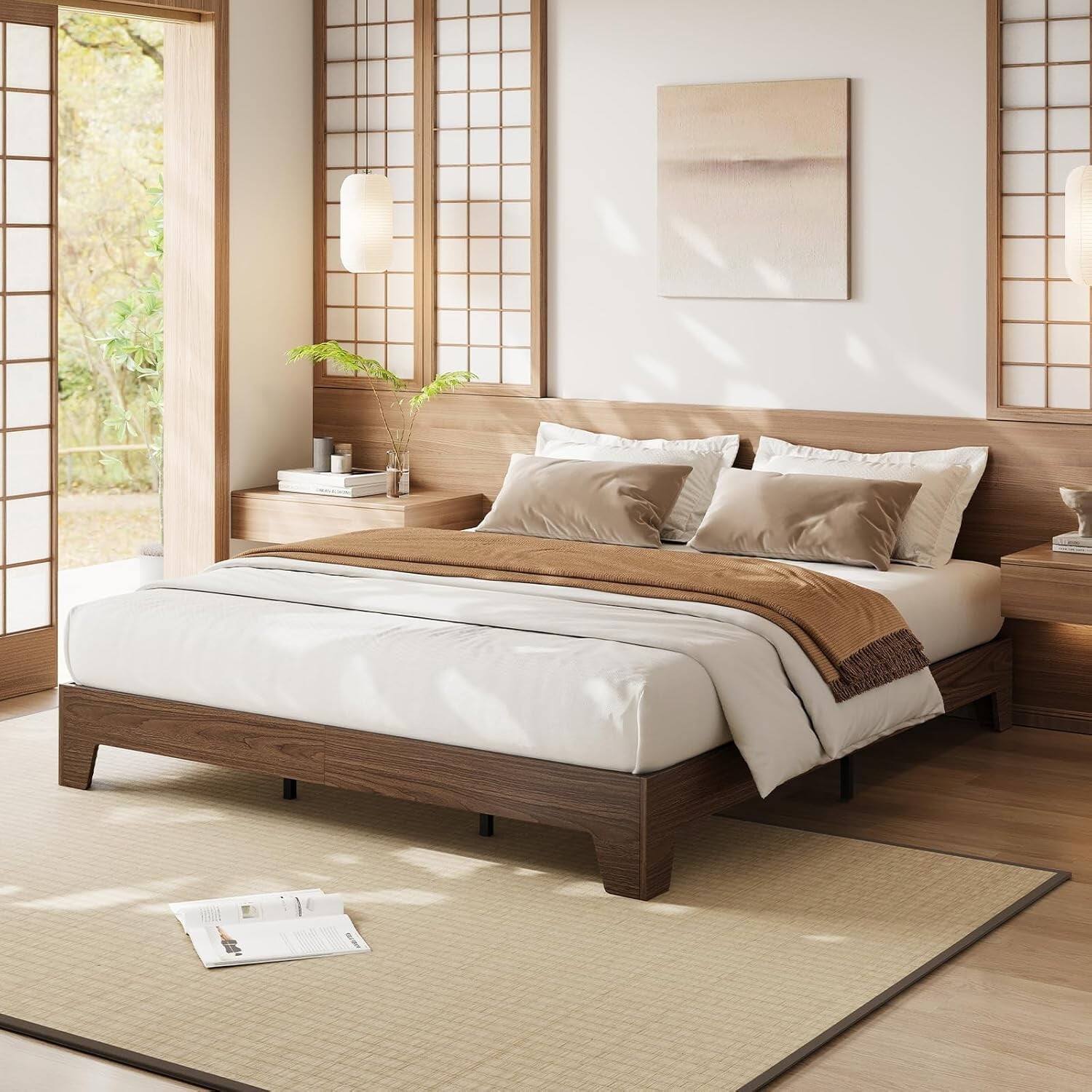 Front. Homhougo - King Platform Bed Frame with Underbed Storage, Wood/Metal Slats - Walnut Finish, No Headboard - Walnut.