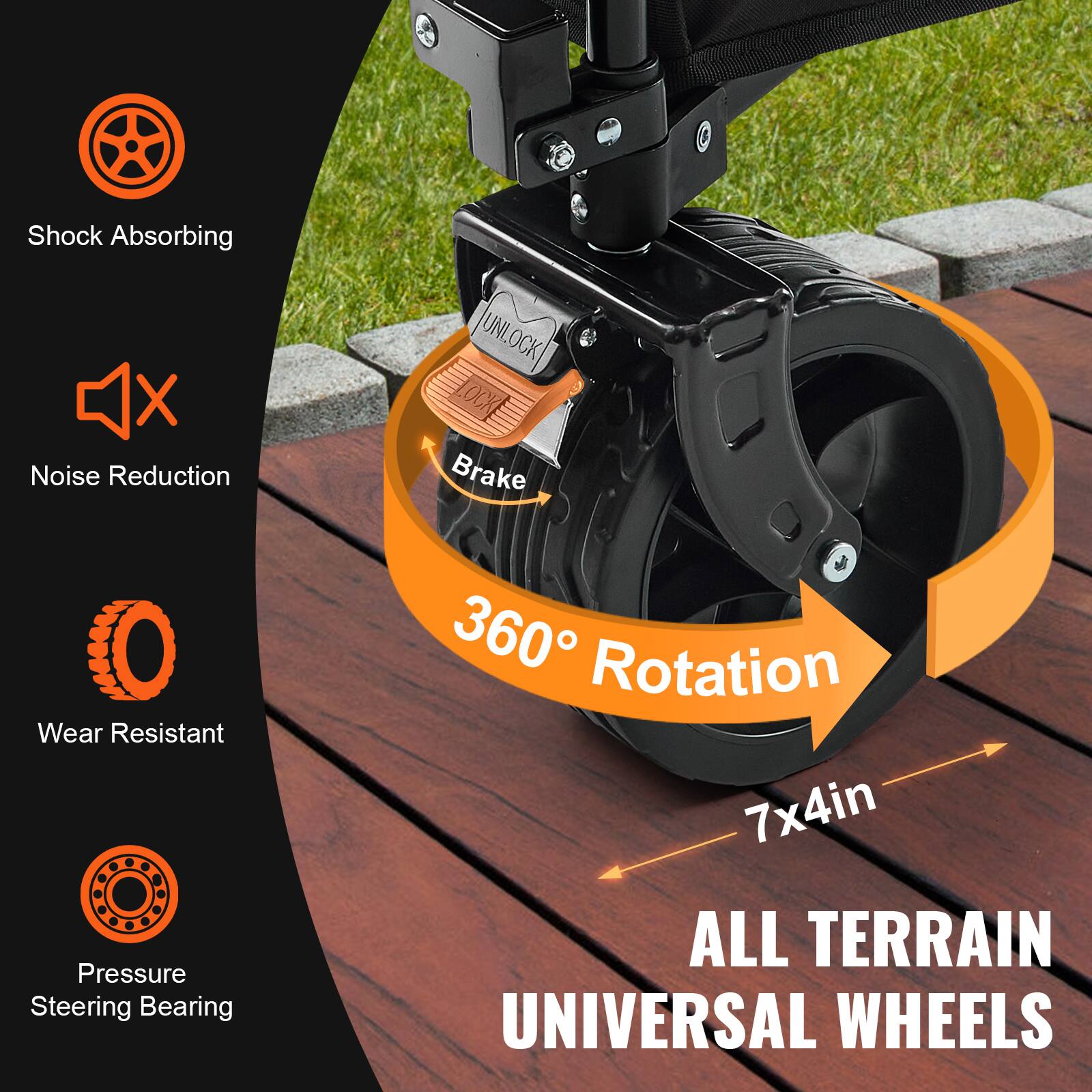 Shock Absorbing, Noise Reduction, Brake, Wear Resistant, Pressure Steering Bearing, 360° Rotation, 7x4in, All Terrain Universal Wheels
