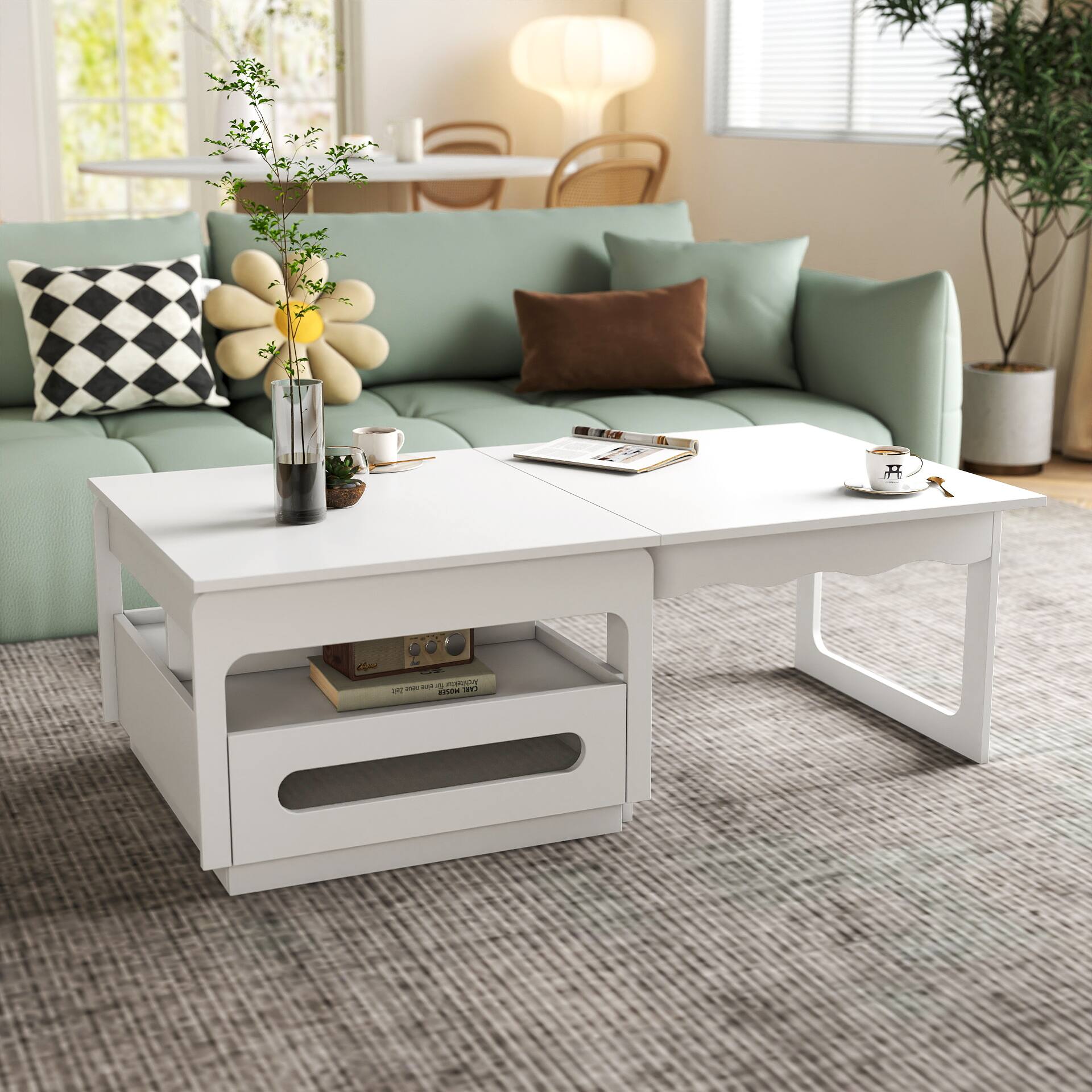 Angle. TinyHomie - 3 In 1 Deformed Coffee Table With Storage Cabinet For Living Dining Room - White.