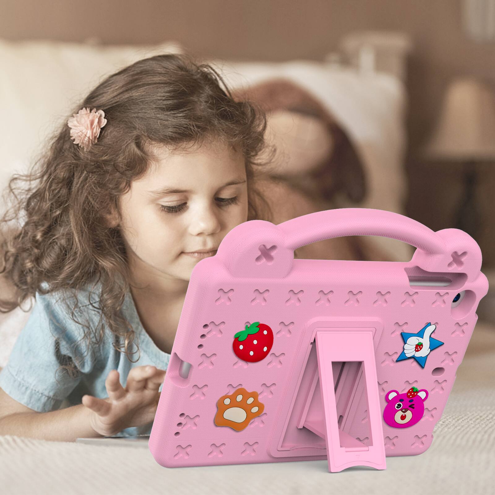 Alt View 2. Dteck - For Apple iPad mini 5th / 4th/ 3rd Cute Cartoon Kid Case Built-in Kickstand Handle Grip Shockproof Cover - Pink.