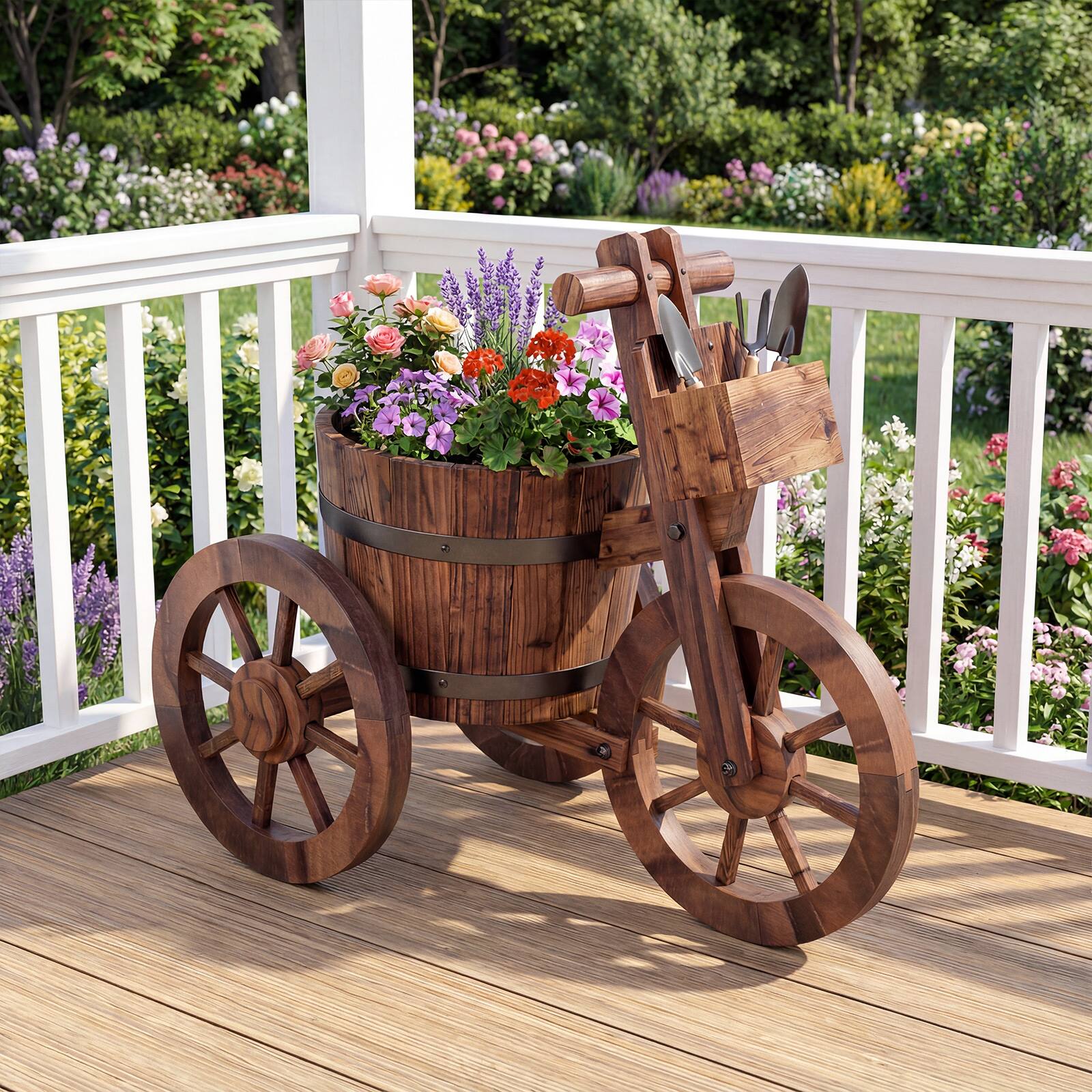 Alt View 1. Gymax - Gymax Rustic Wood Tricycle Planter w/Barrel Pot & Storage Box for Patio Balcony Garden - Brown.