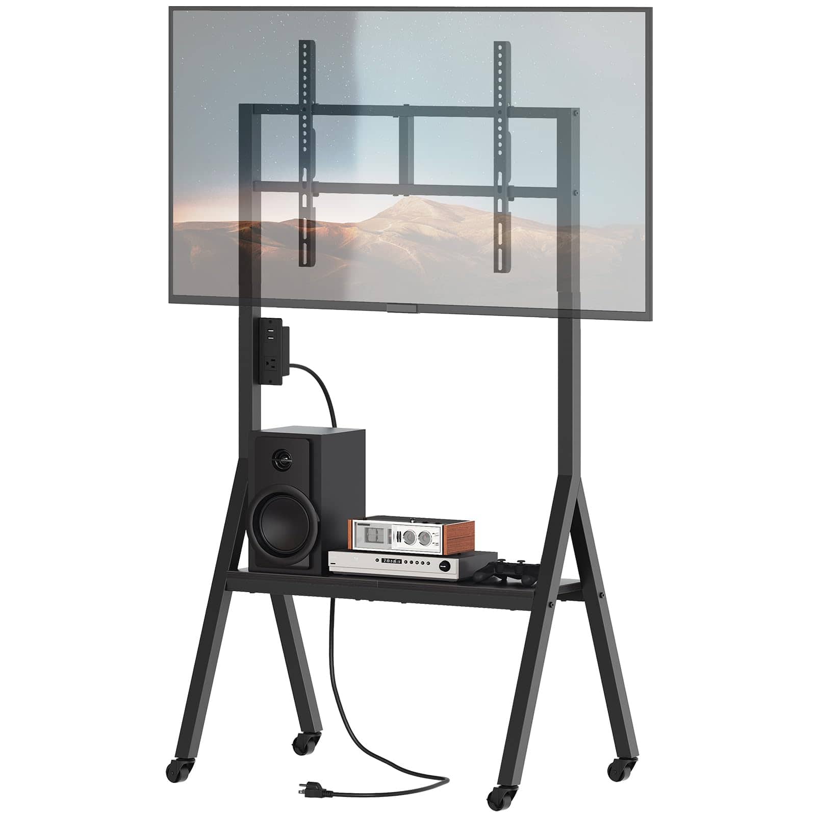 Dazzling Pops - Rolling TV Stand for 50 TVs with Power Outlets, Mobile TV Stand on Wheels and Shelf, TV Cart with Swivel M - Black