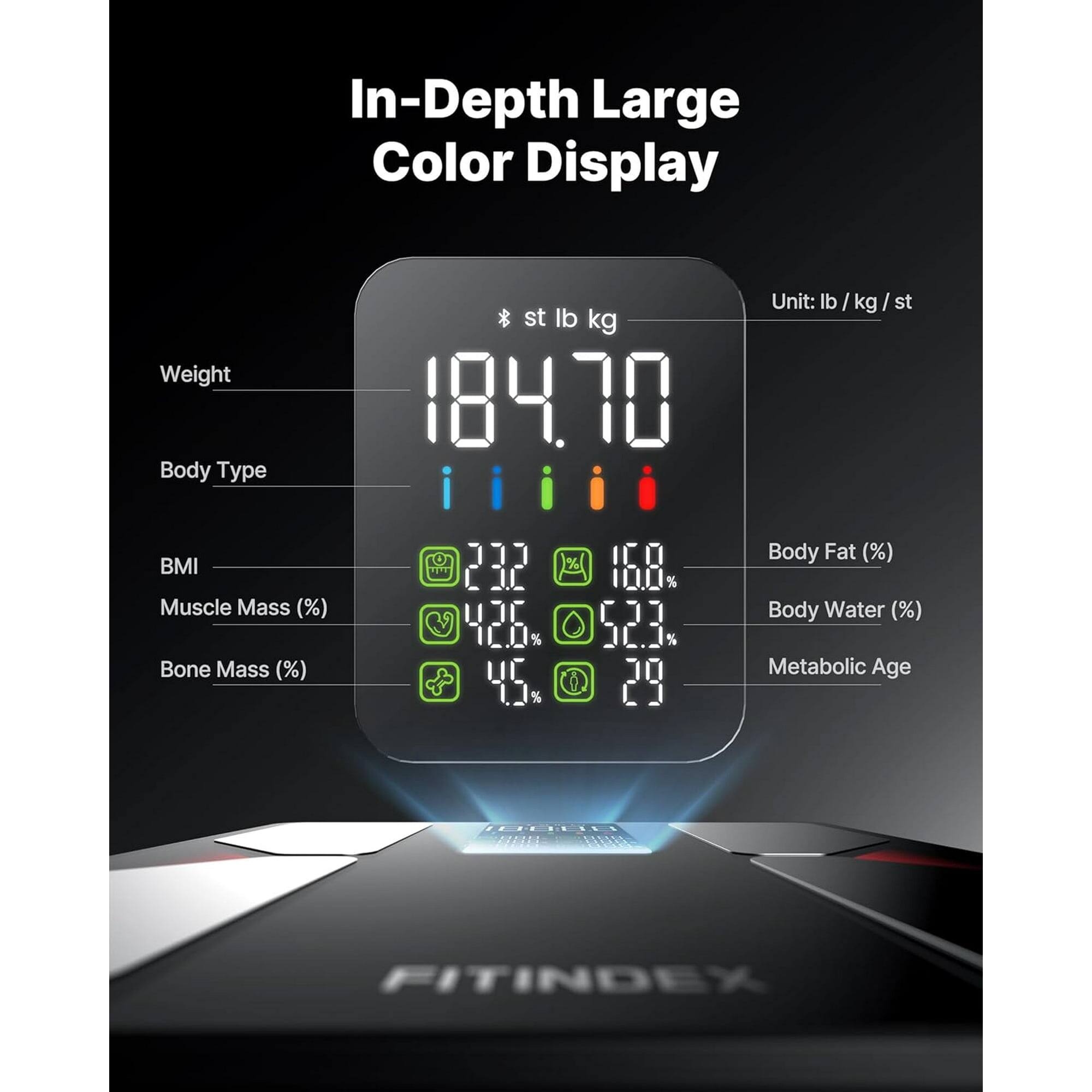 In-Depth Large Color Display

Weight: 184.70 lb / 83.70 kg

Body Type: i i i i

BMI: 23.2

Muscle Mass (%): 42.6

Bone Mass (%): 4.5

Body Fat (%): 16.8

Body Water (%): 52.3

Metabolic Age: 29

Unit: lb / kg / st