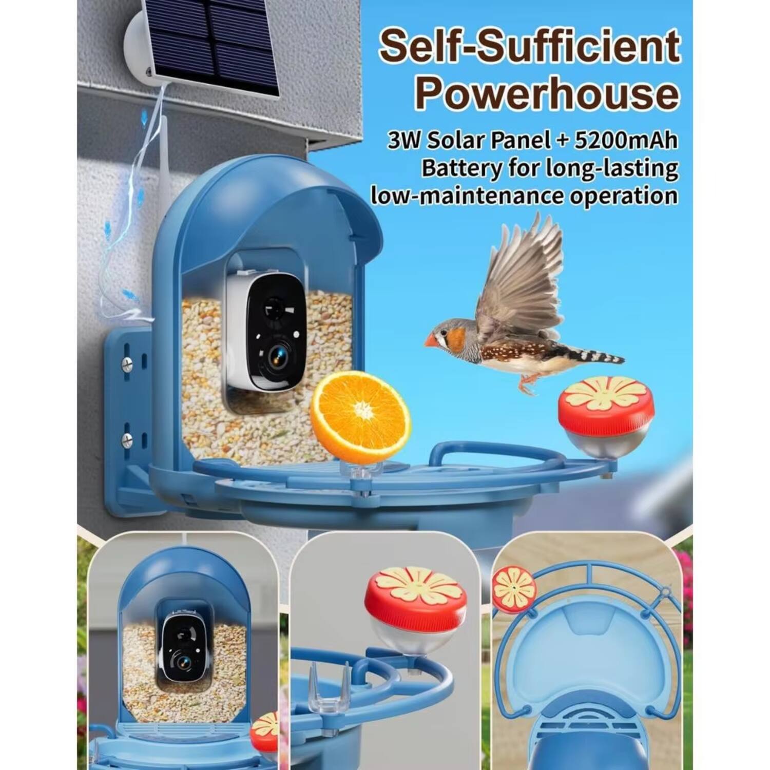 Self-Sufficient Powerhouse  
3W Solar Panel + 5200mAh Battery for long-lasting low-maintenance operation