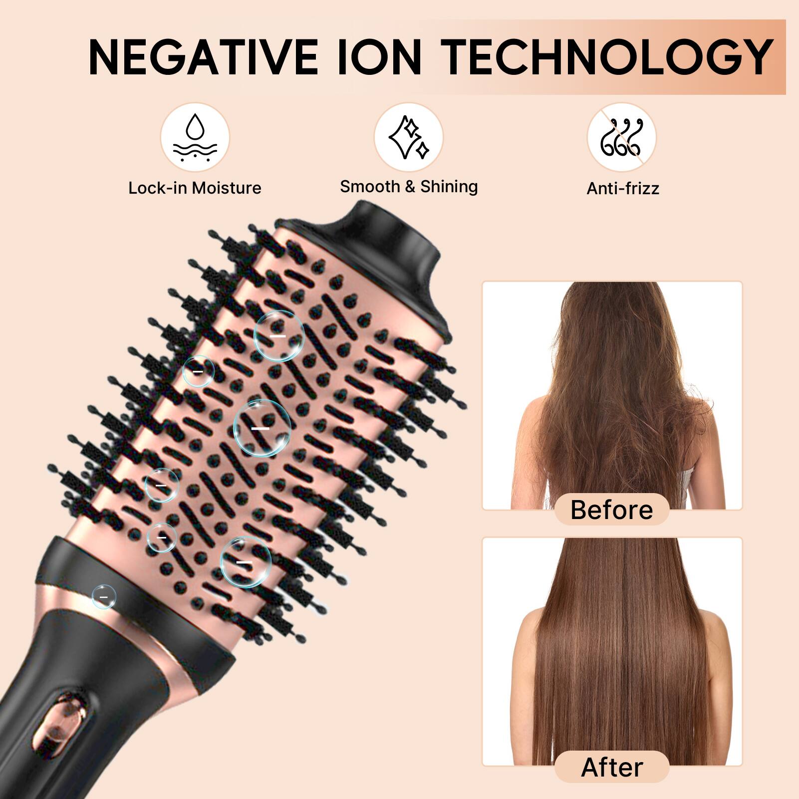 NEGATIVE ION TECHNOLOGY

- Lock-in Moisture
- Smooth & Shining
- Anti-frizz

Before

After