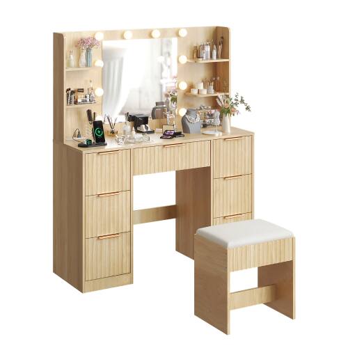 Alt View 1. Winado - Fluted Makeup Vanity Set with Lighted Mirror & Charging Station, Dressing Table w/ 7 Drawers for Femal Gift - Oak.