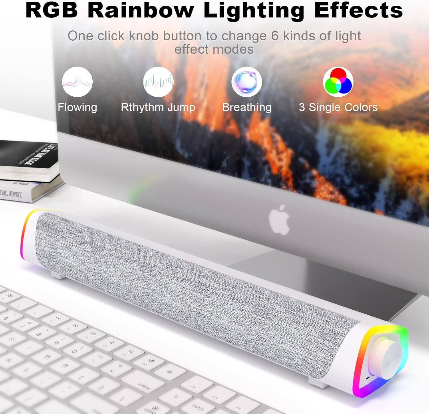 RGB Rainbow Lighting Effects

One click knob button to change 6 kinds of light effect modes

- Flowing
- Rhythm Jump
- Breathing
- 3 Single Colors