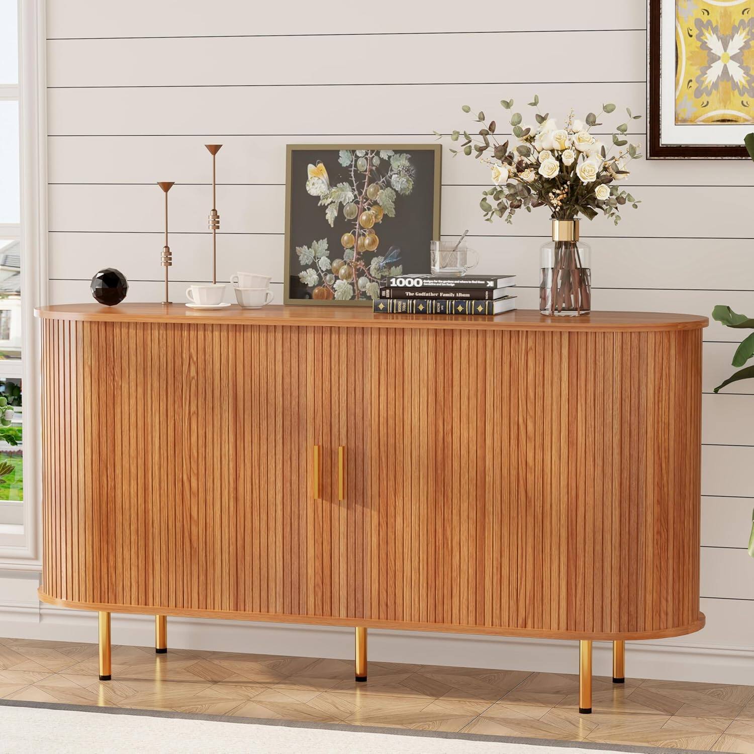 Alt View 2. Tiramisubest - 55 Inch Storage Cabinet,Fluted Sideboard Buffet Cabinet with Tambour Sliding Doors & Adjustable Shelf (ellow Walnut) - Yellow Walnut.
