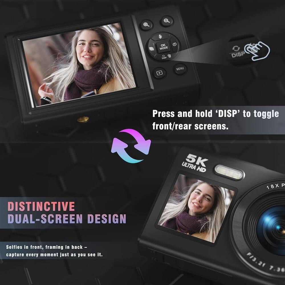 Press and hold 'DISP' to toggle front/rear screens.

DISTINCTIVE DUAL-SCREEN DESIGN

Selfies in front, framing in back – capture every moment just as you see it.

5K ULTRA HD

18X P

F/3.21 7.36