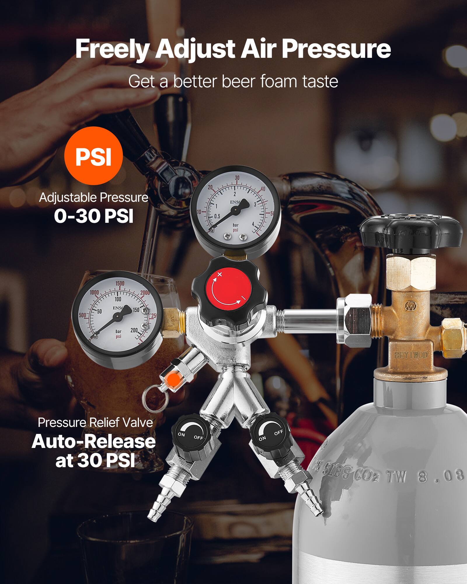 Freely Adjust Air Pressure  
Get a better beer foam taste  

PSI  
Adjustable Pressure 0-30 PSI  

Pressure Relief Valve  
Auto-Release at 30 PSI