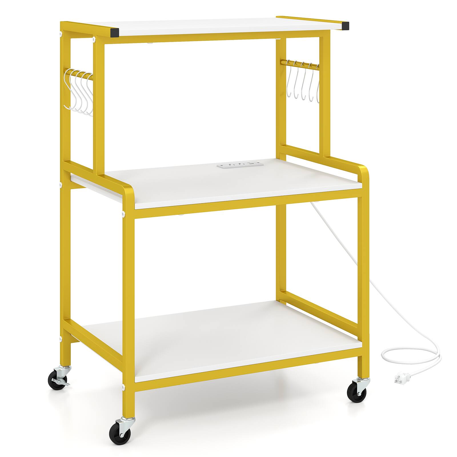 Alt View 9. Costway - Costway 3-Tier Kitchen Rolling Microwave Cart with Power Outlet, 10 S-Shaped Hooks - White & Gold.