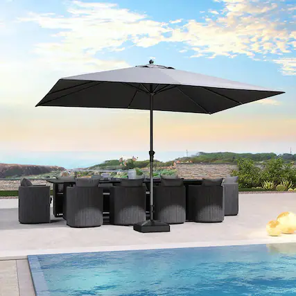 Front. PURPLE LEAF - 9' X 11' Rectangle Patio Market Umbrella with Base Outdoor Table Umbrella Aluminum Frame Sun Shade for Garden Deck Pool - Gray.
