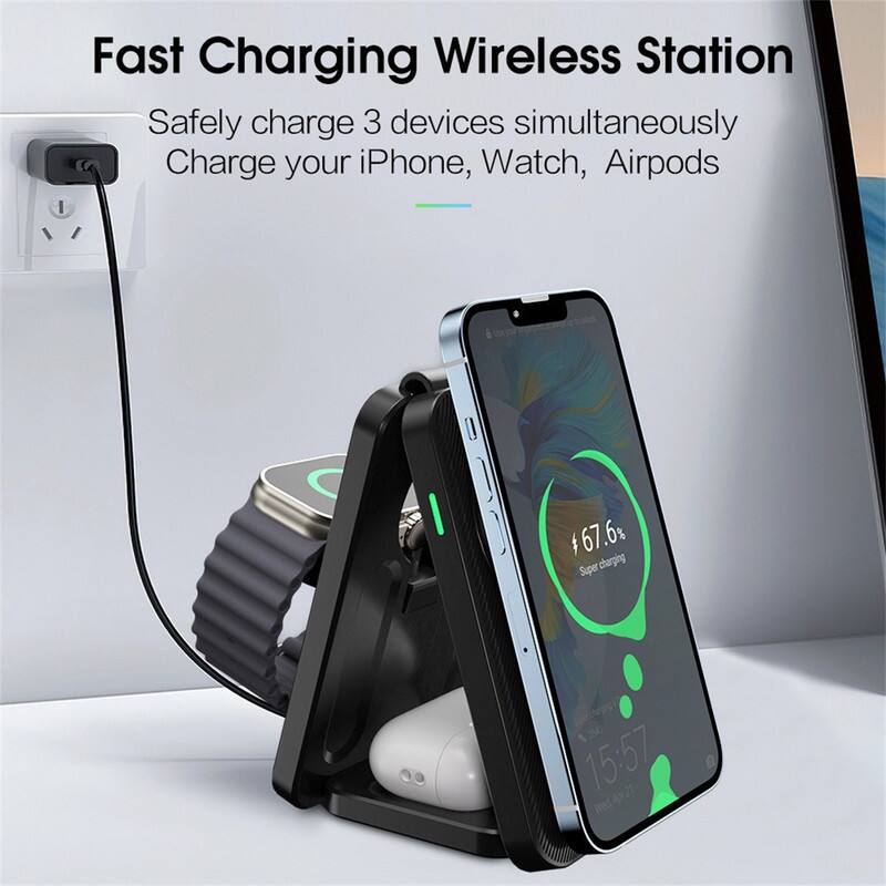 Fast Charging Wireless Station

Safely charge 3 devices simultaneously  
Charge your iPhone, Watch, Airpods

67.6%  
Super charging  
15:57