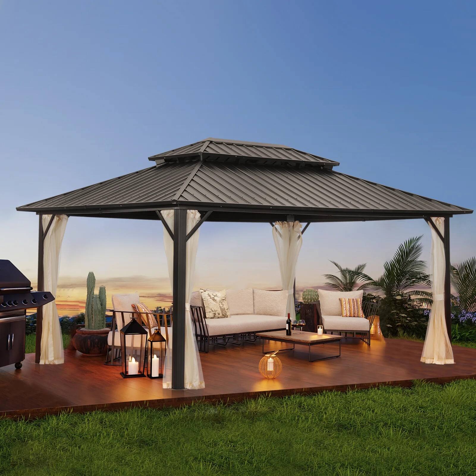 Alt View 1. Ainfox - Ainfox 12' x 16' Hardtop Gazebo, Double Steel Galvanized Roof, Aluminum Frame, Mosquito Netting - Black.