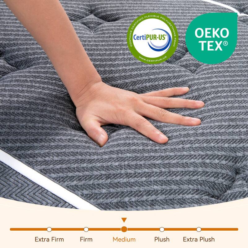 FLEXIBLE POLYURETHANE  
Certified POLYURETHANE CertiPUR-US  
CONTAINS FOAM TEX R  
www.wwW.GERTIPUR.UP  

Extra Firm  
Firm  
Medium  
Plush  
Extra Plush  

OEKO TEX  
CertiPUR-US