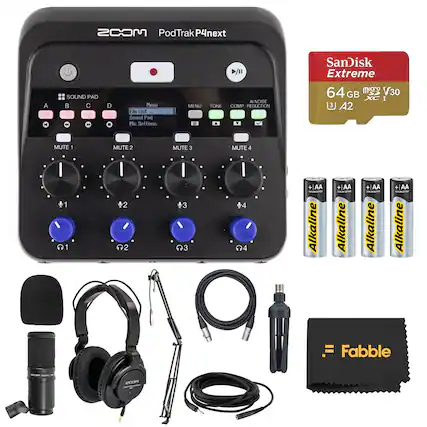 ZOOM PodTrak P4next
- Menu
- File List
- Sound Pad
- Mic Settings
- MUTE 1
- MUTE 2
- MUTE 3
- MUTE 4
- SanDisk Extreme 64 GB MS V30 XCI A2
- AA Alkaline (4 batteries)
- Fabble
- BCOM