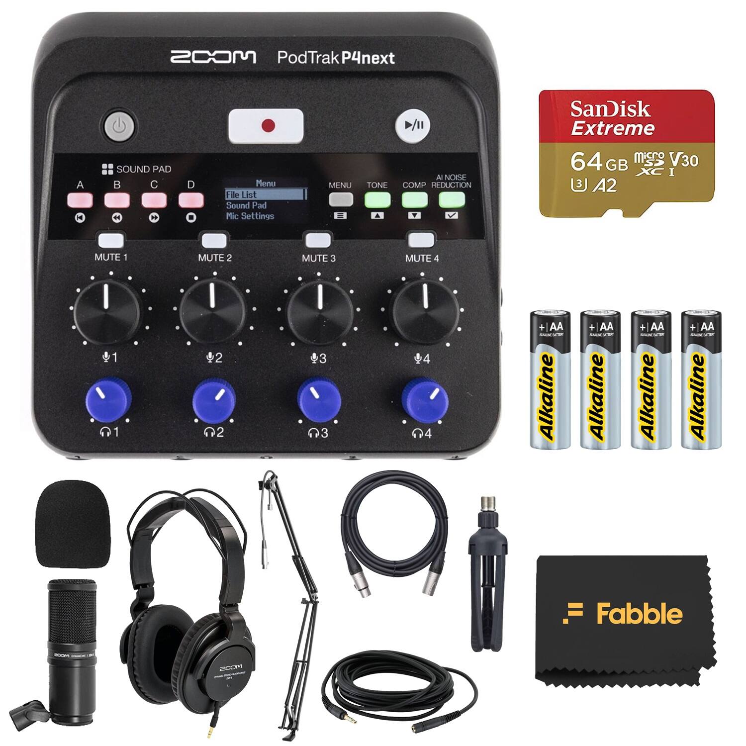ZOOM PodTrak P4next

- Menu
- File List
- Sound Pad
- Mic Settings

- MUTE 1
- MUTE 2
- MUTE 3
- MUTE 4

- SanDisk Extreme 64 GB MS V30 XCI A2

- AA Alkaline (4 batteries)

- Fabble

- BCOM