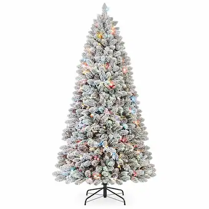 Front. RYHNUYNE - 6FT Flocked Colorful Pre-Lit Christmas Tree, 350 Colorful Lights 36 Pine Cones 888 Snowy PVC Tips Hinged Branches - Green,White.
