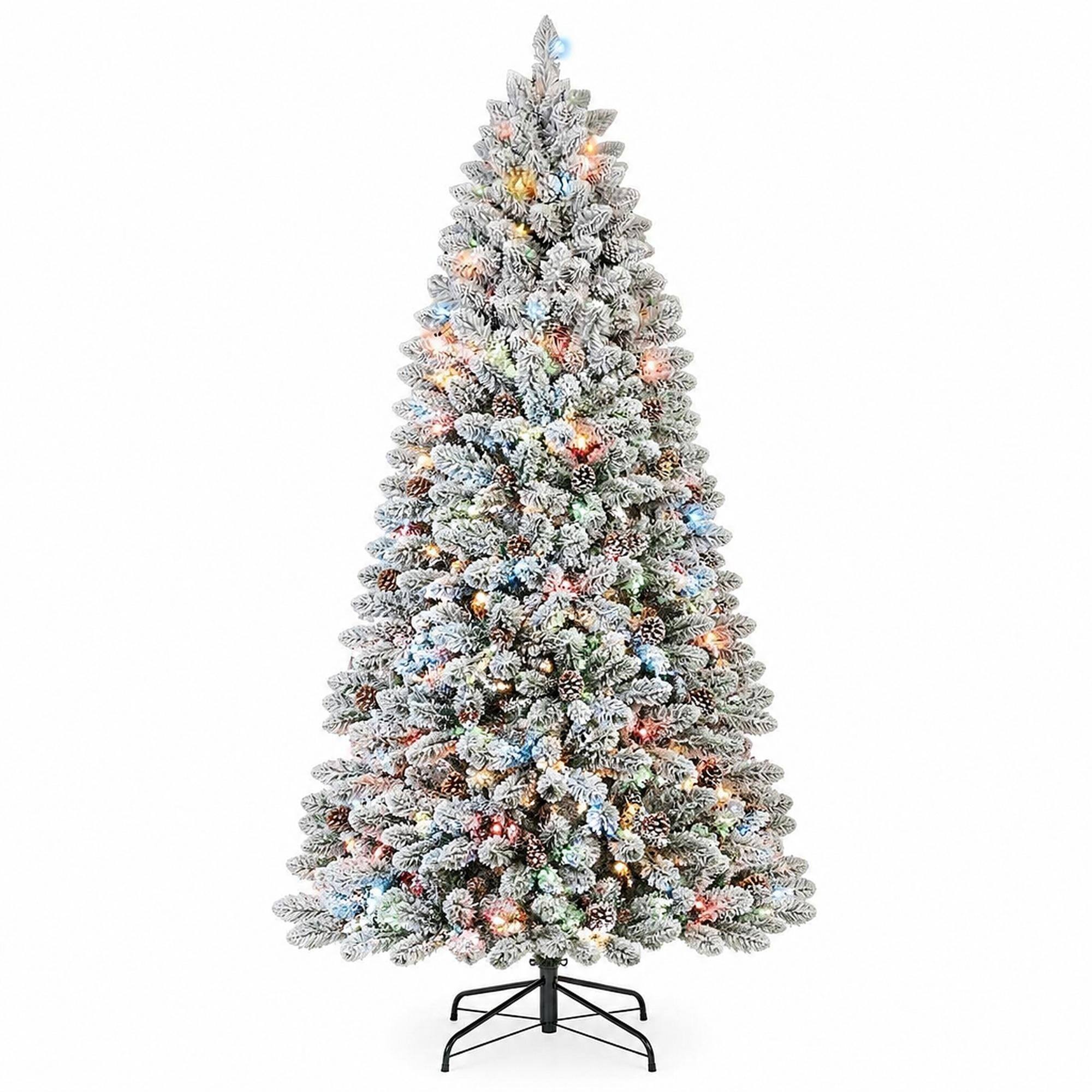 Front. RYHNUYNE - 6FT Flocked Colorful Pre-Lit Christmas Tree, 350 Colorful Lights 36 Pine Cones 888 Snowy PVC Tips Hinged Branches - Green,White.