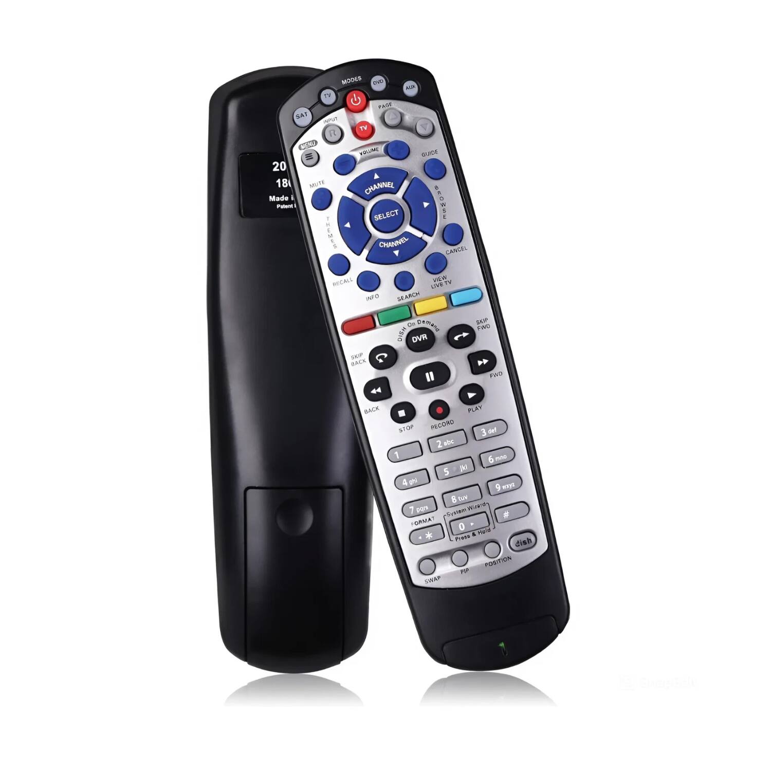 Sure, here is the corrected and grouped text from the image:

**Top Section:**
- MODES
- DVD
- TV
- SAT
- GUIDE
- PVR
- SELECT
- CHANNEL
- VOLUME
- MUTE
- INFO
- SWAP
- BACK
- LIVE
- SEARCH
- DVR
- PLAY
- RECORD
- STOP
- 2 abc
- 3 def
- 4 ghi
- 5 jkl
- 6 mno
- 7 pqrs
- 8 tuv
- 9 wxyz
- 0
- * (System Mode)
- # (Press & Hold)
- POSITION
- SWAP
- PWR

**Middle Section:**
- 20
- 18
- Made in Patent
- CHANNEL
- SELECT
- BACK
- LIVE
- SEARCH
- DVR
- PLAY
- RECORD
- STOP
- 2 abc
- 3 def
- 4 ghi
- 5 jkl
- 6 mno
- 7 pqrs
- 8 tuv
- 9 wxyz
- 0
- * (System Mode