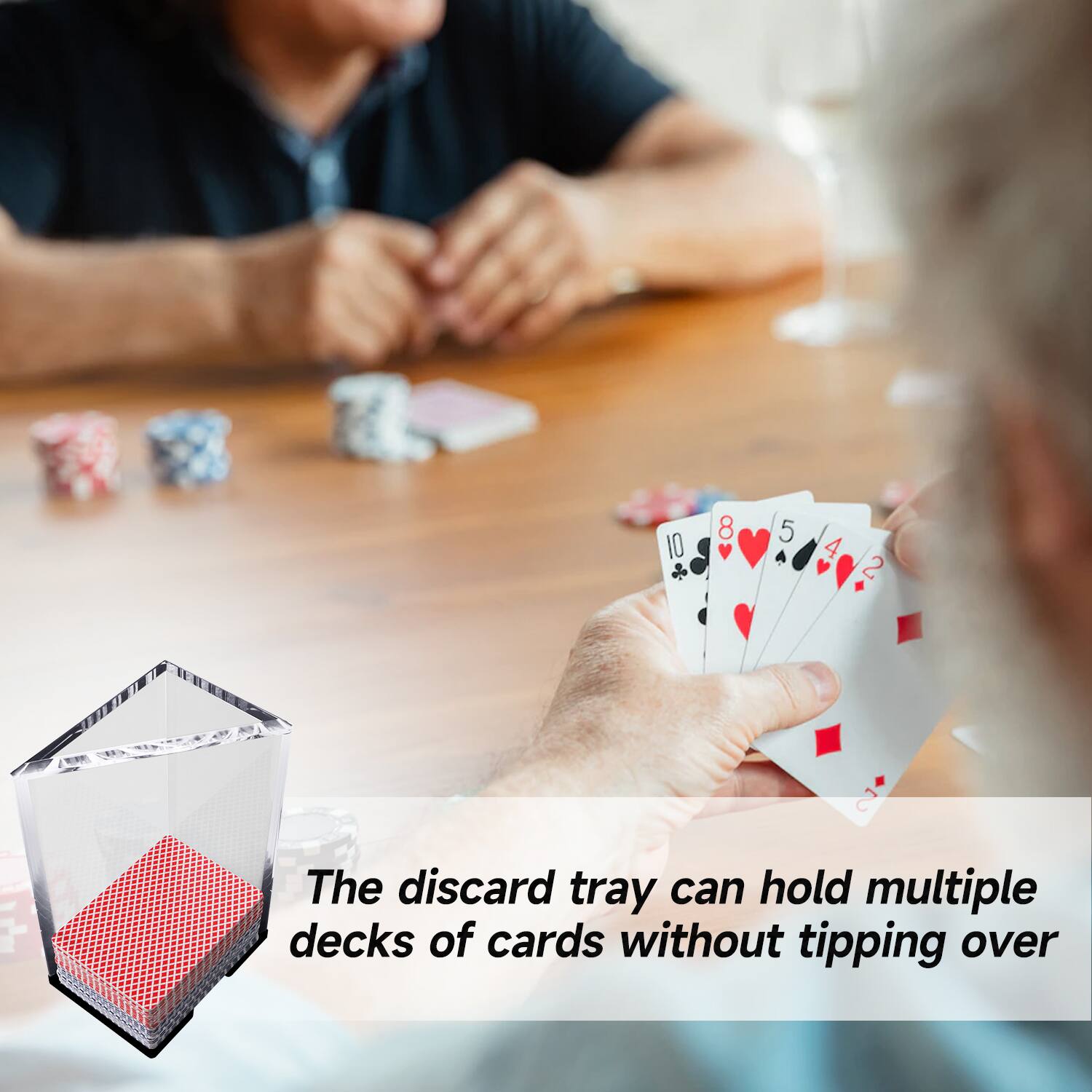 10 8 5 4 2 2 The discard tray can hold multiple decks of cards without tipping over