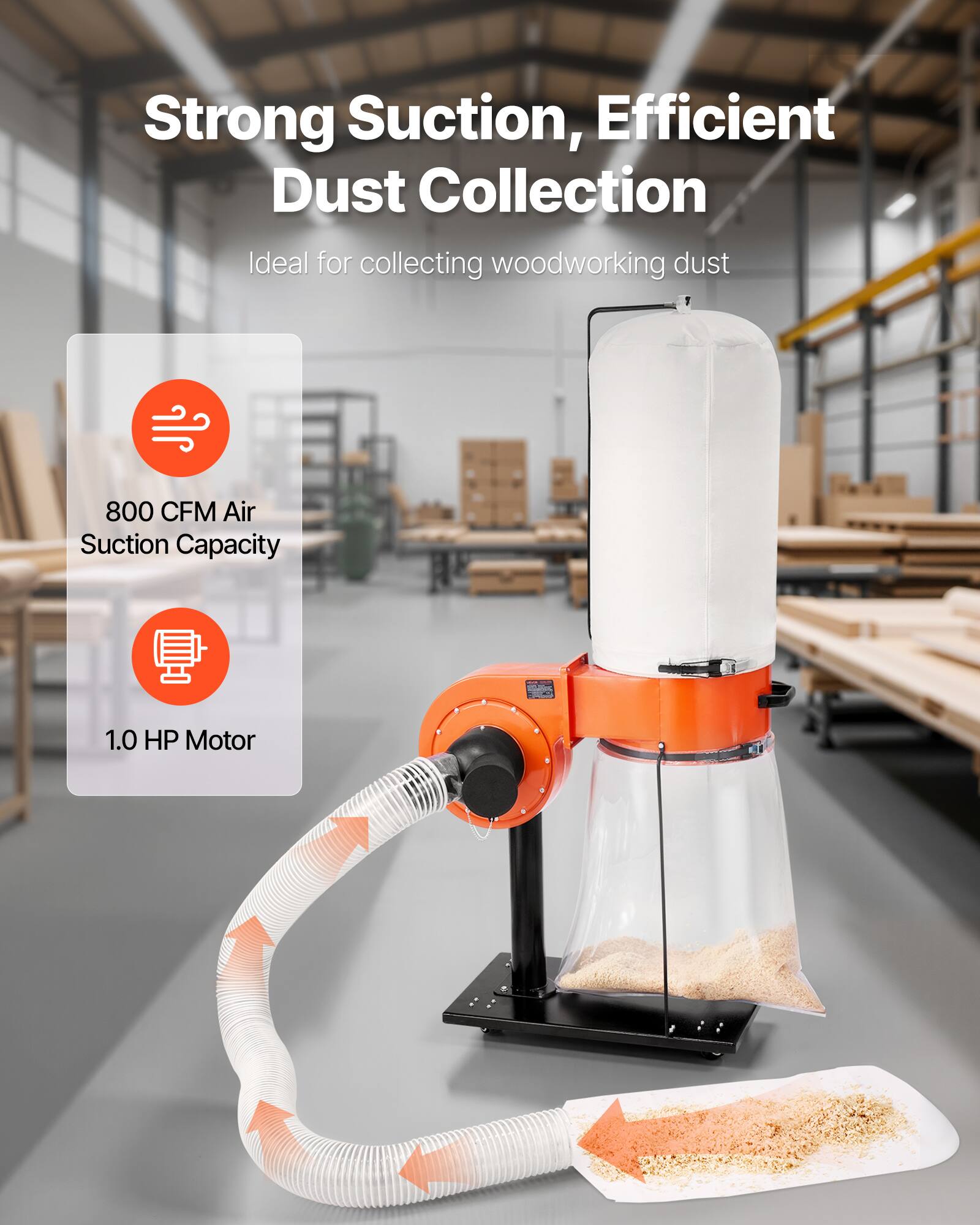 Strong Suction, Efficient Dust Collection  
Ideal for collecting woodworking dust  

800 CFM Air Suction Capacity  
1.0 HP Motor