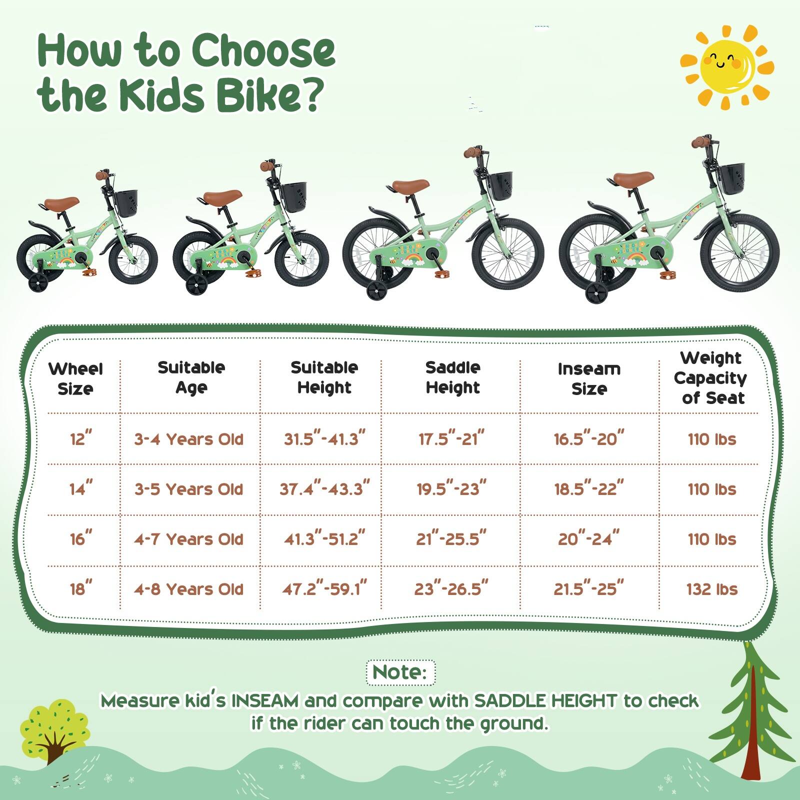 How to Choose the Kids Bike?

Wheel Size | Suitable Age | Suitable Height | Saddle Height | Inseam Size | Weight Capacity of Seat

12" | 3-4 Years Old | 31.5"-41.3" | 17.5"-21" | 16.5"-20" | 110 lbs

14" | 3-5 Years Old | 37.4"-43.3" | 19.5"-23" | 18.5"-22" | 110 lbs

16" | 4-7 Years Old | 41.3"-51.2" | 21"-25.5" | 20"-24" | 110 lbs

18" | 4-8 Years Old | 47.2"-59.1" | 23"-26.5" | 21.5"-25" | 132 lbs

Note: Measure kid's INSEAM and compare with SADDLE HEIGHT to check if the rider can touch the ground.