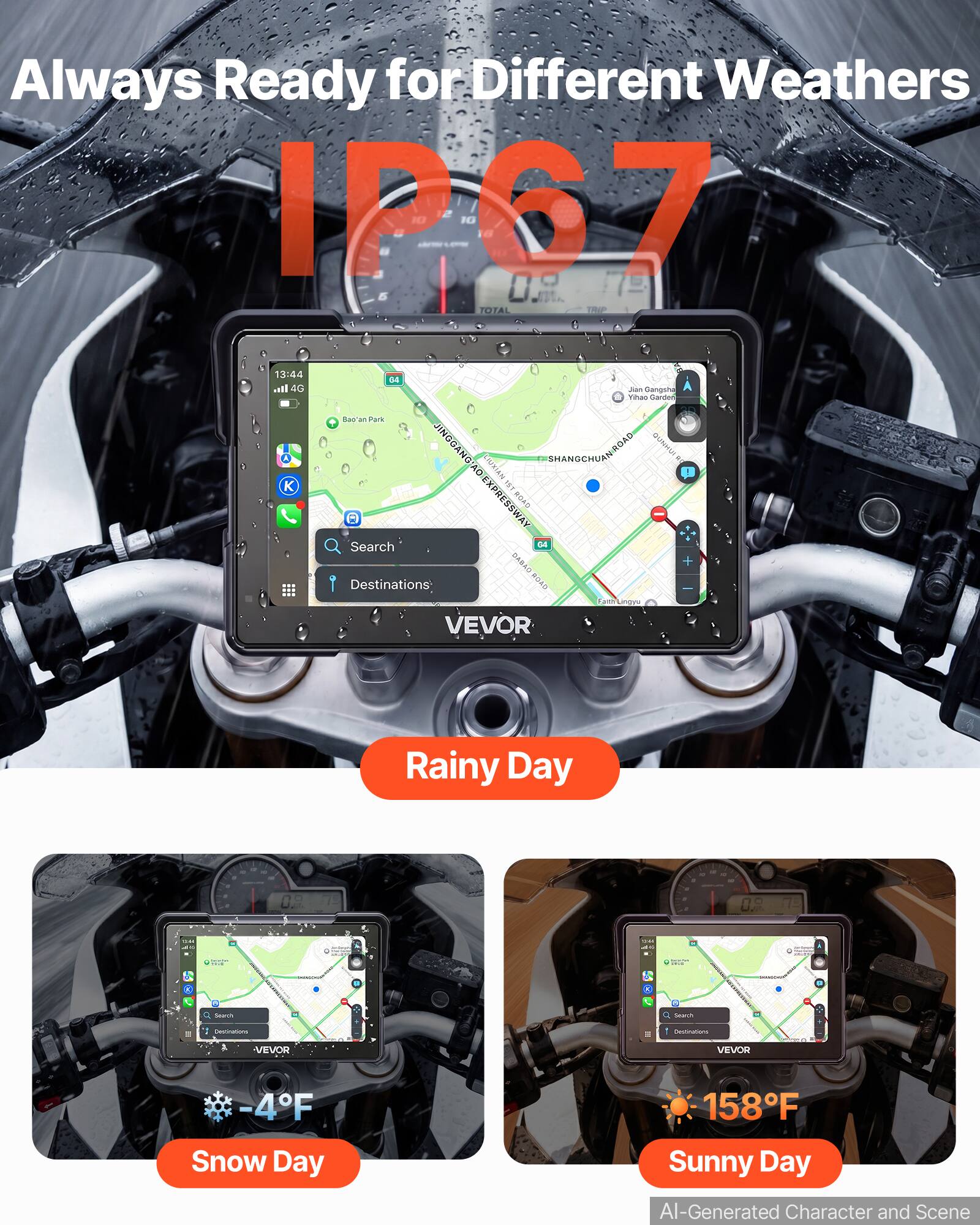 Always Ready for Different Weathers IP67

13:44 all 4G

(4 Juam Gangsha Your Garden Bao'an Park JINGGANG AO SHANGCHU GUNHAN AO EXPRESSWAY ROAD Search DABAO Destinations NOAD Faith VEVOR

Rainy Day

NO
-
T
4
0.5%
INCE
- 27.0

10:00

Search
Search
Destinations
: Destinations
-VEVOR
VEVOR
-4F

Snow Day
Sunny Day

AI-Generated Character and Scene
